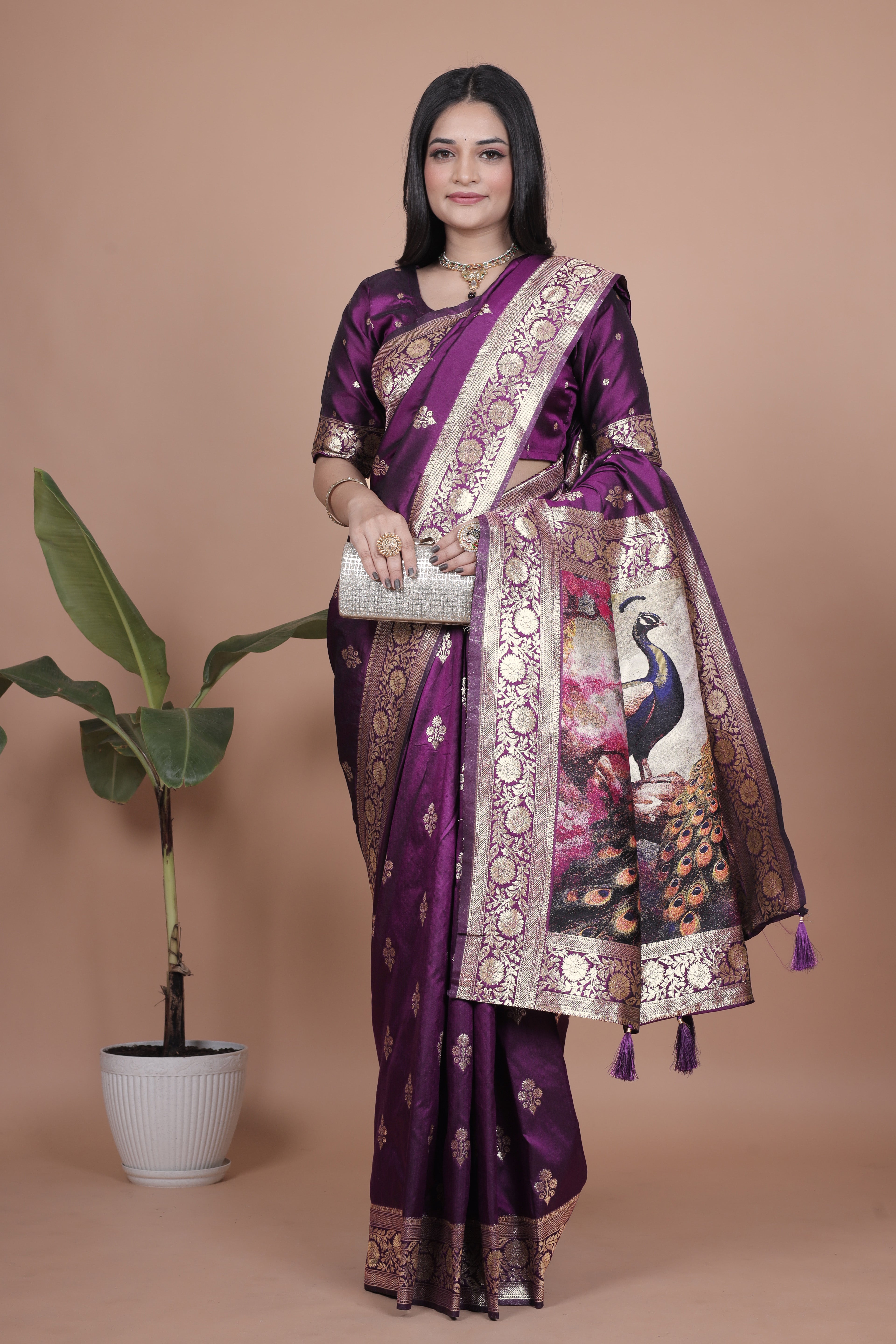 Royal Purple Banarasi Silk Saree with Peacock Pallu Design