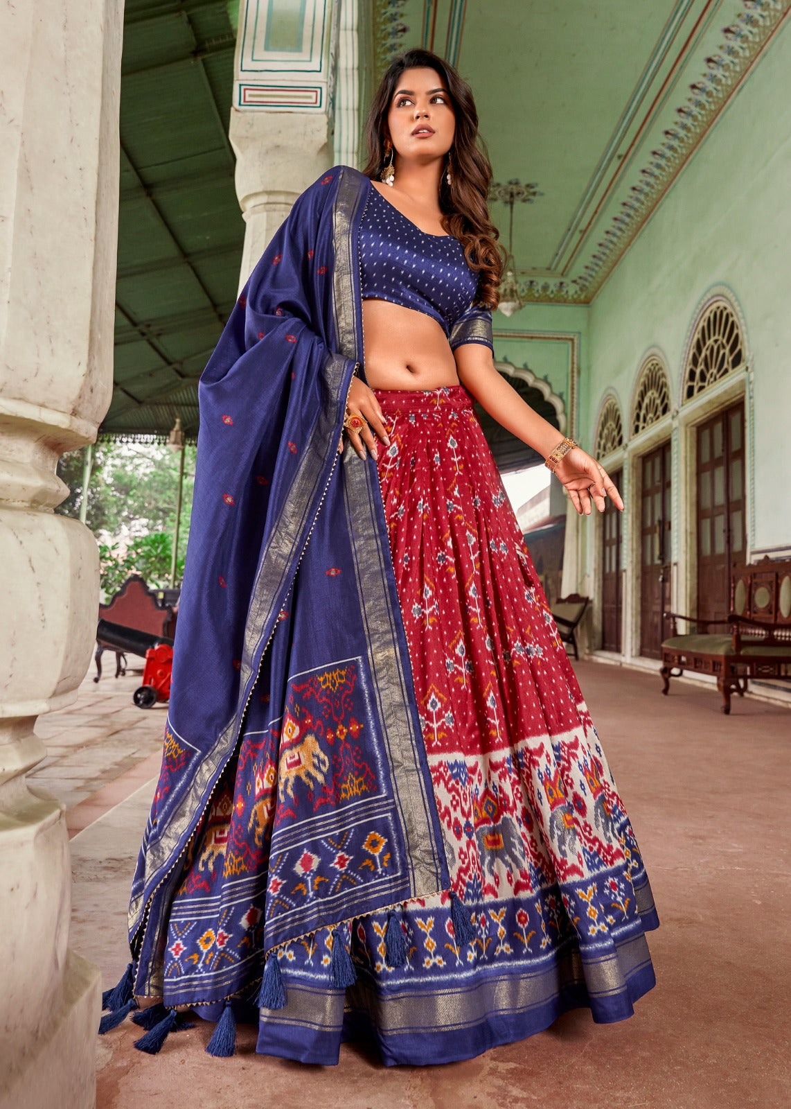 Tusser Silk Lehenga Choli with Intricate Print and Dupatta
