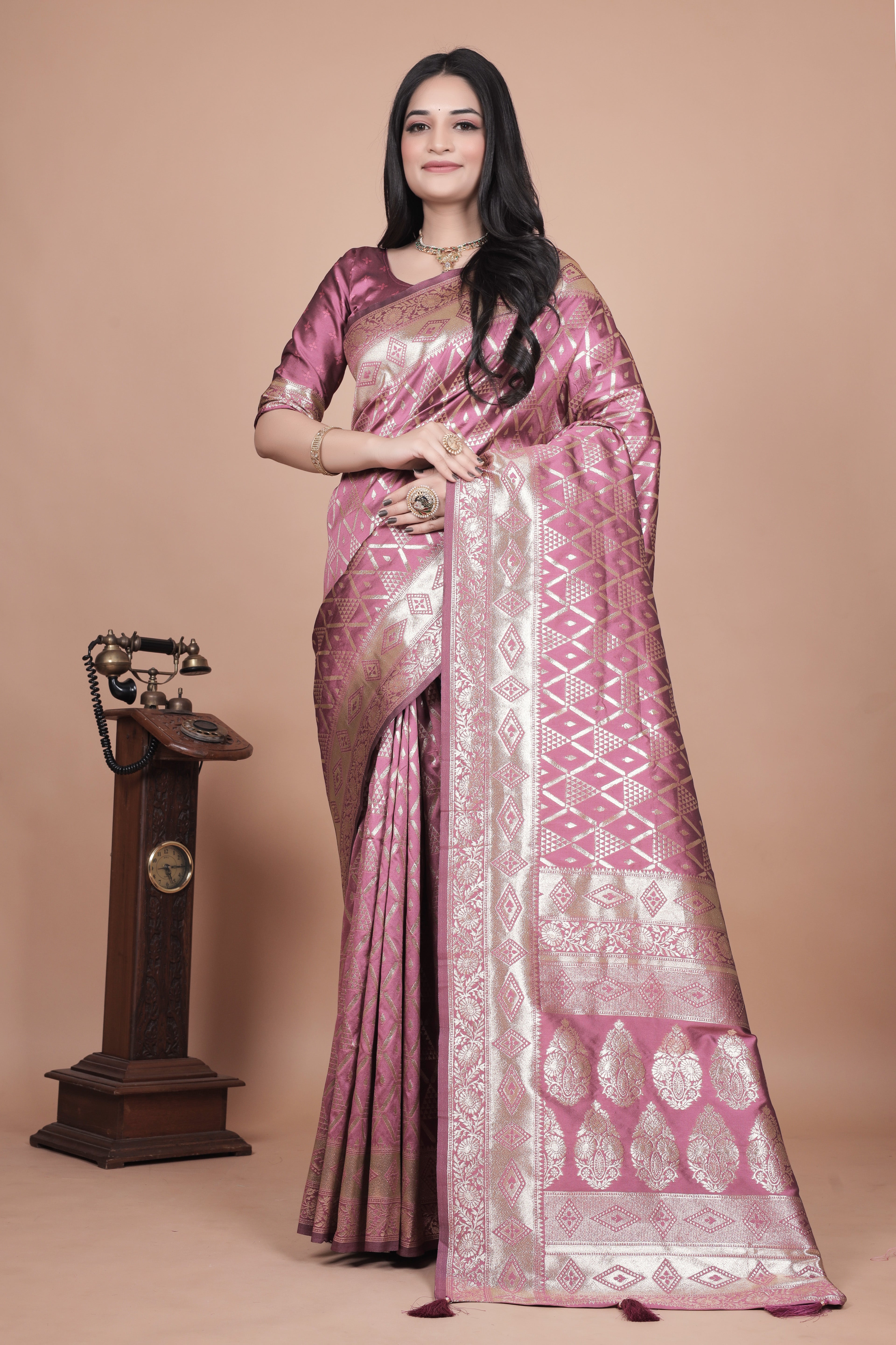 Mauve Banarasi Silk Saree with Silver Zari Elegance With 4 color option