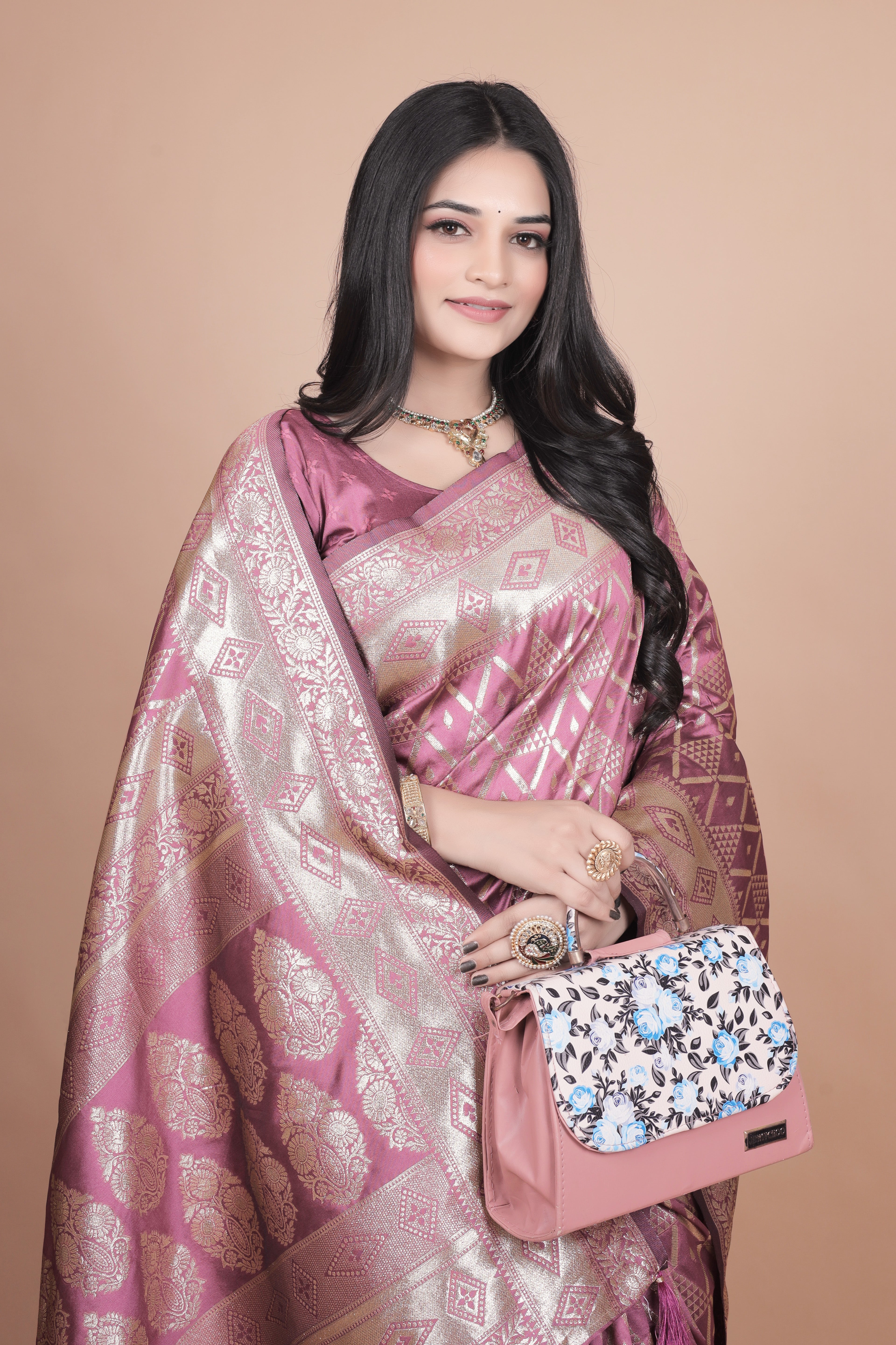 Mauve Banarasi Silk Saree with Silver Zari Elegance With 4 color option