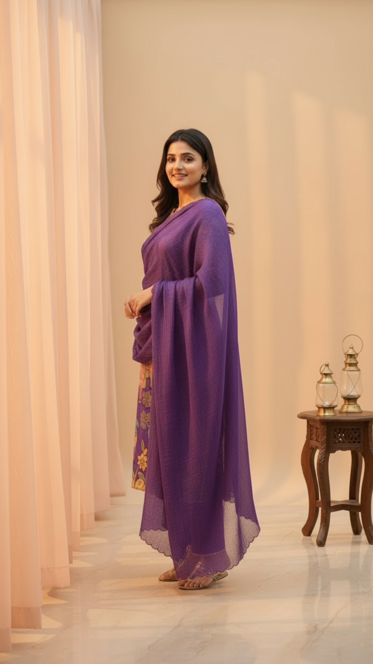 Purple Kalamkari Cotton Kurti Set with Dupatta