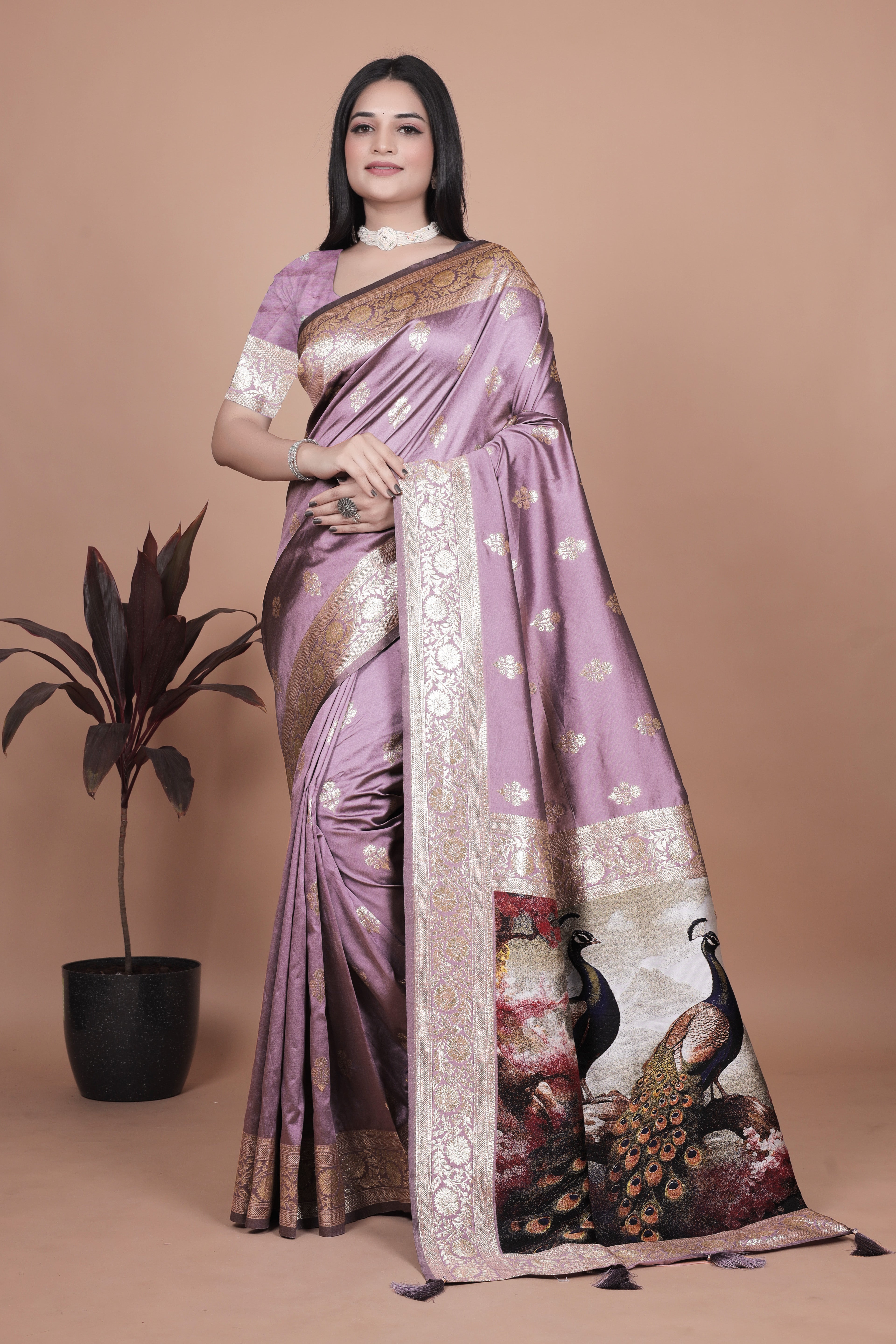 Royal Purple Banarasi Silk Saree with Peacock Pallu Design