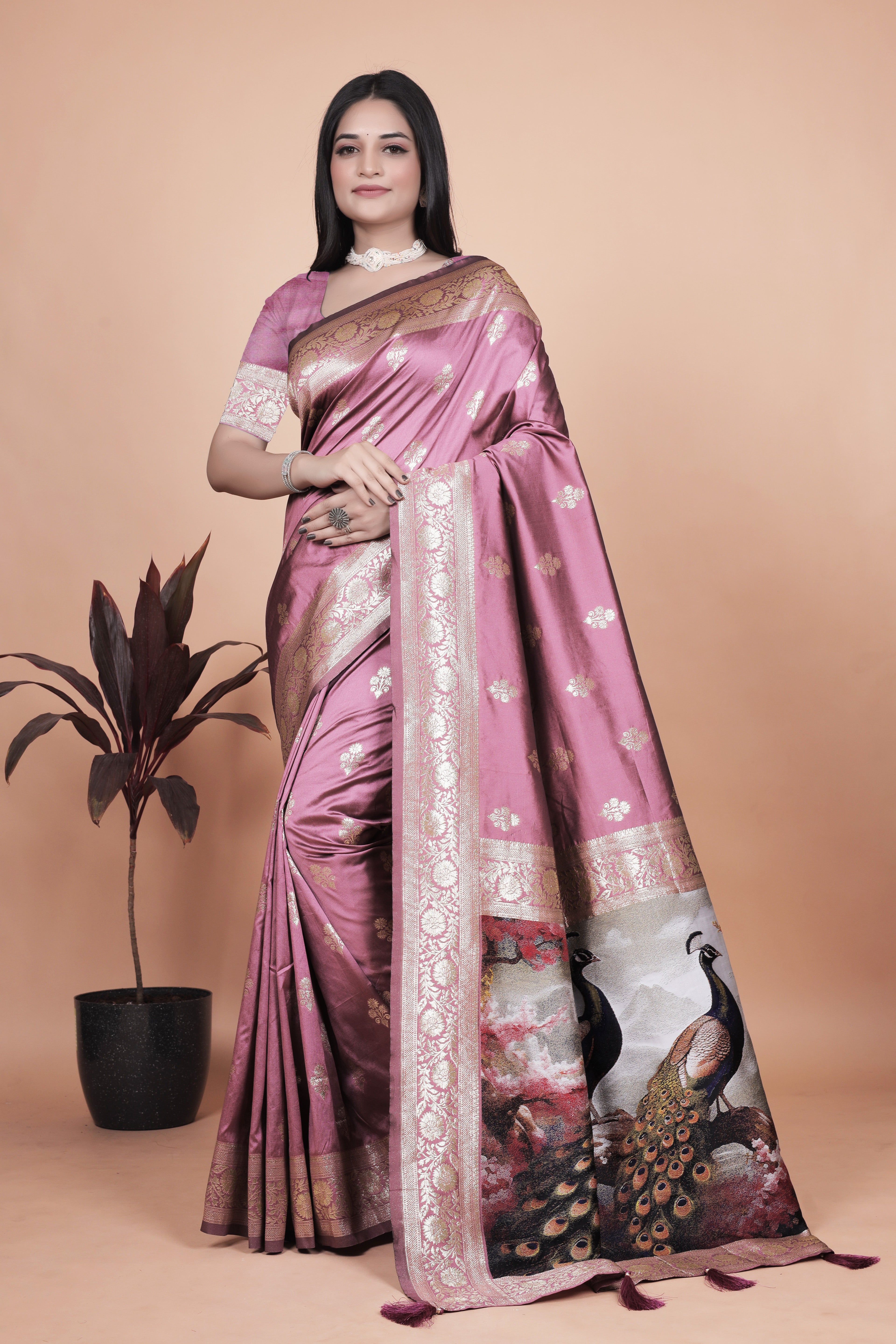 Royal Purple Banarasi Silk Saree with Peacock Pallu Design