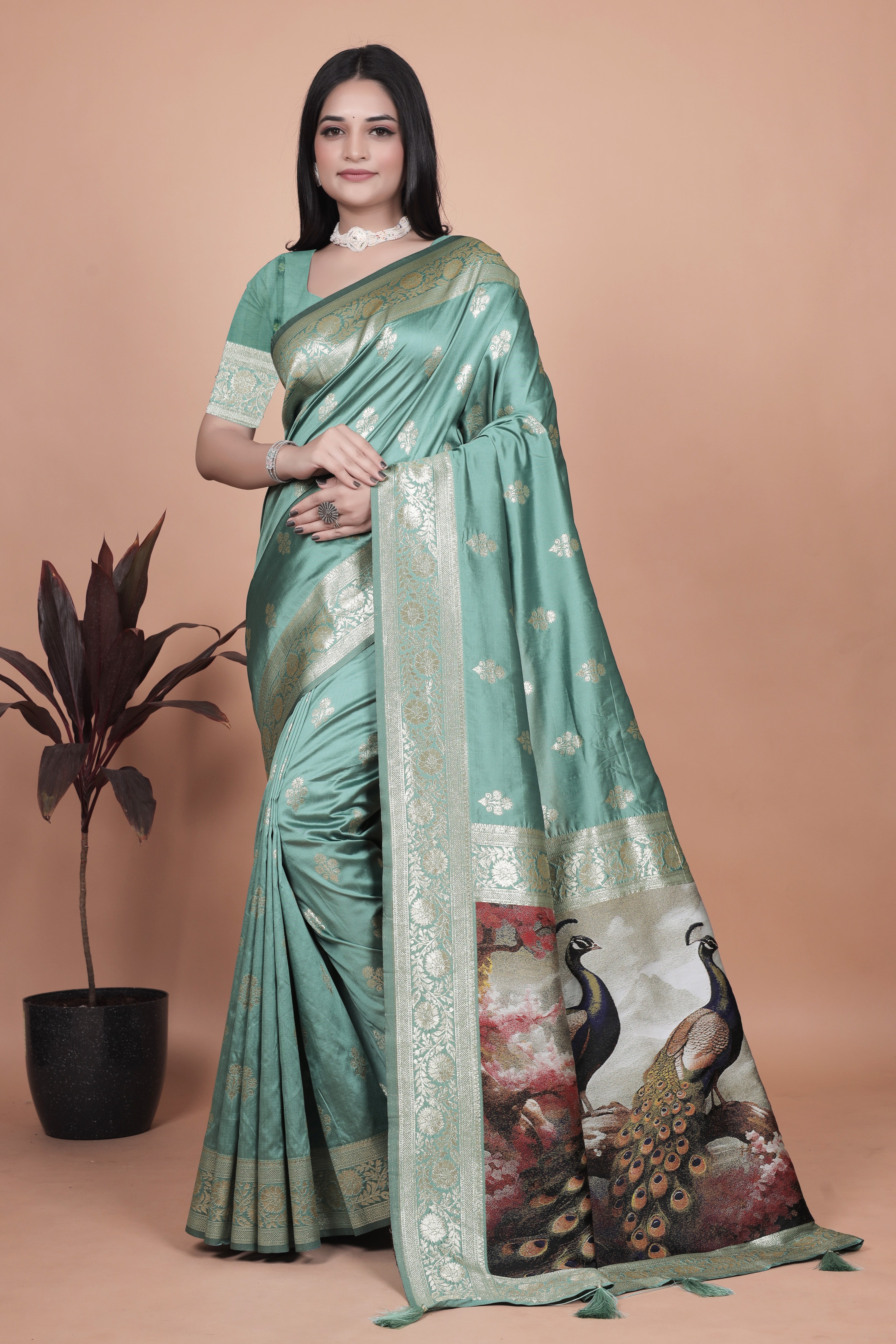 Royal Banarasi Silk Saree with Peacock Pallu Design With 8 Colors