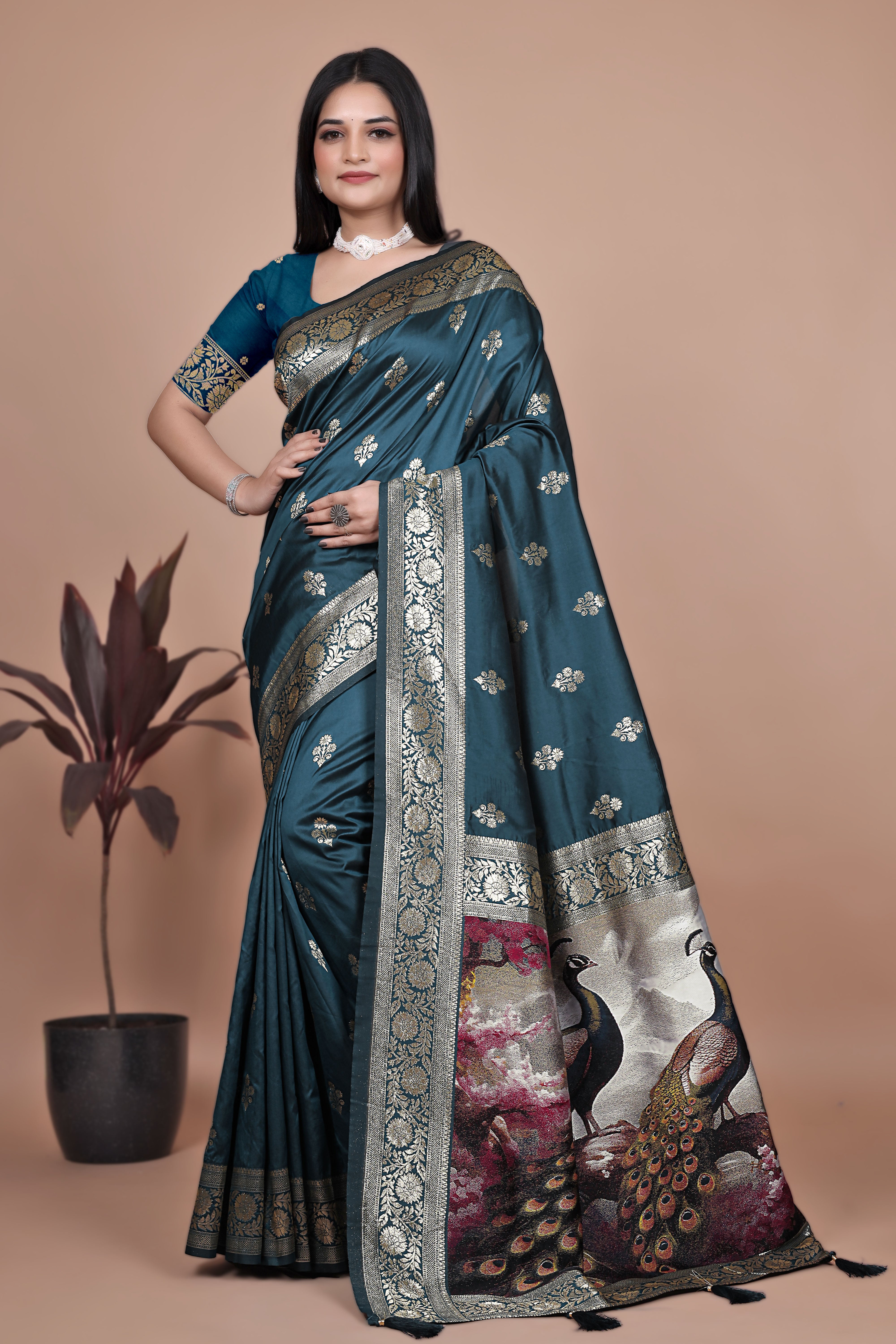 Royal Banarasi Silk Saree with Peacock Pallu Design With 8 Colors