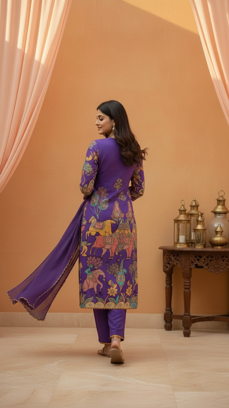 Purple Kalamkari Cotton Kurti Set with Dupatta