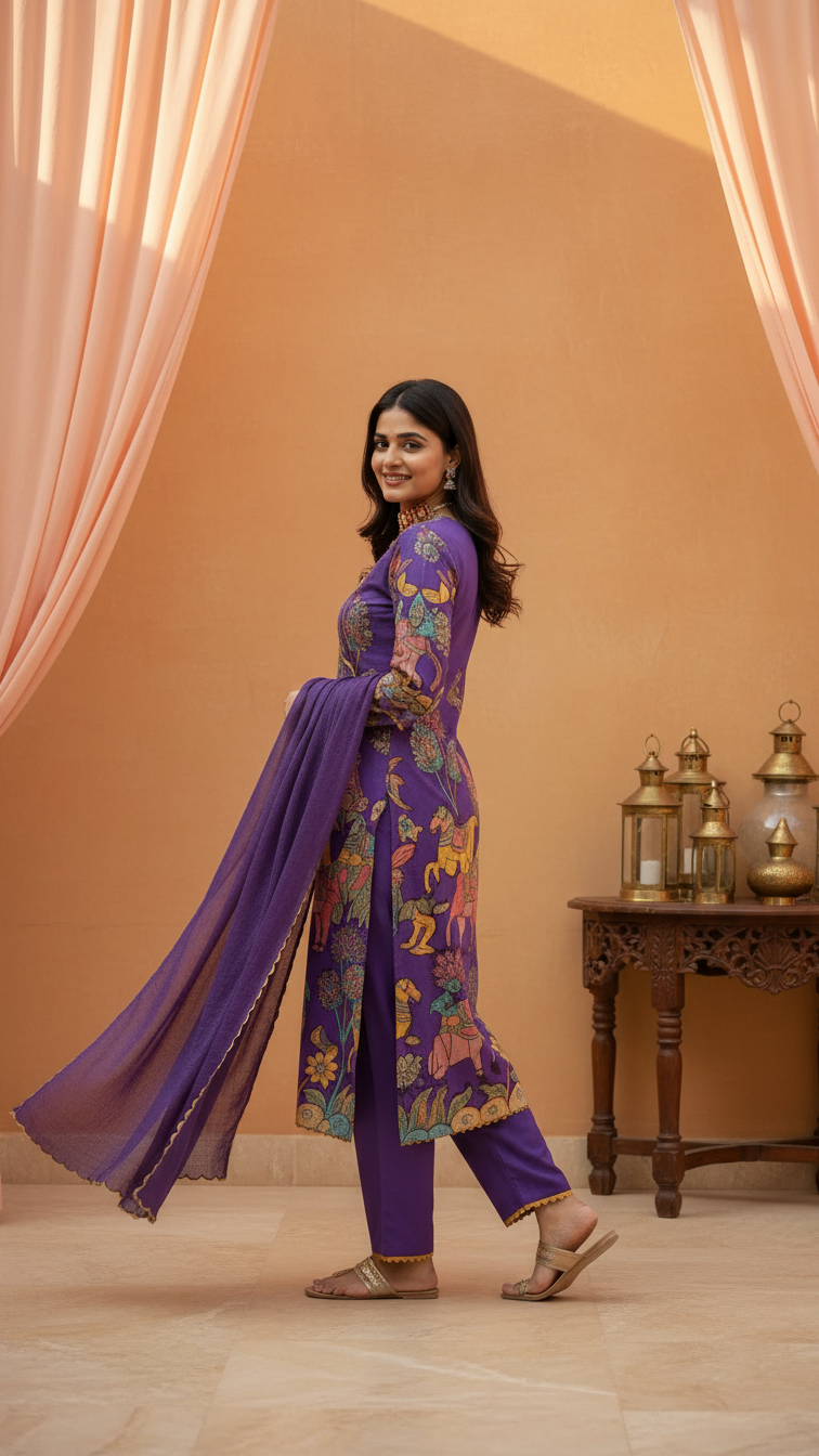 Purple Kalamkari Cotton Kurti Set with Dupatta