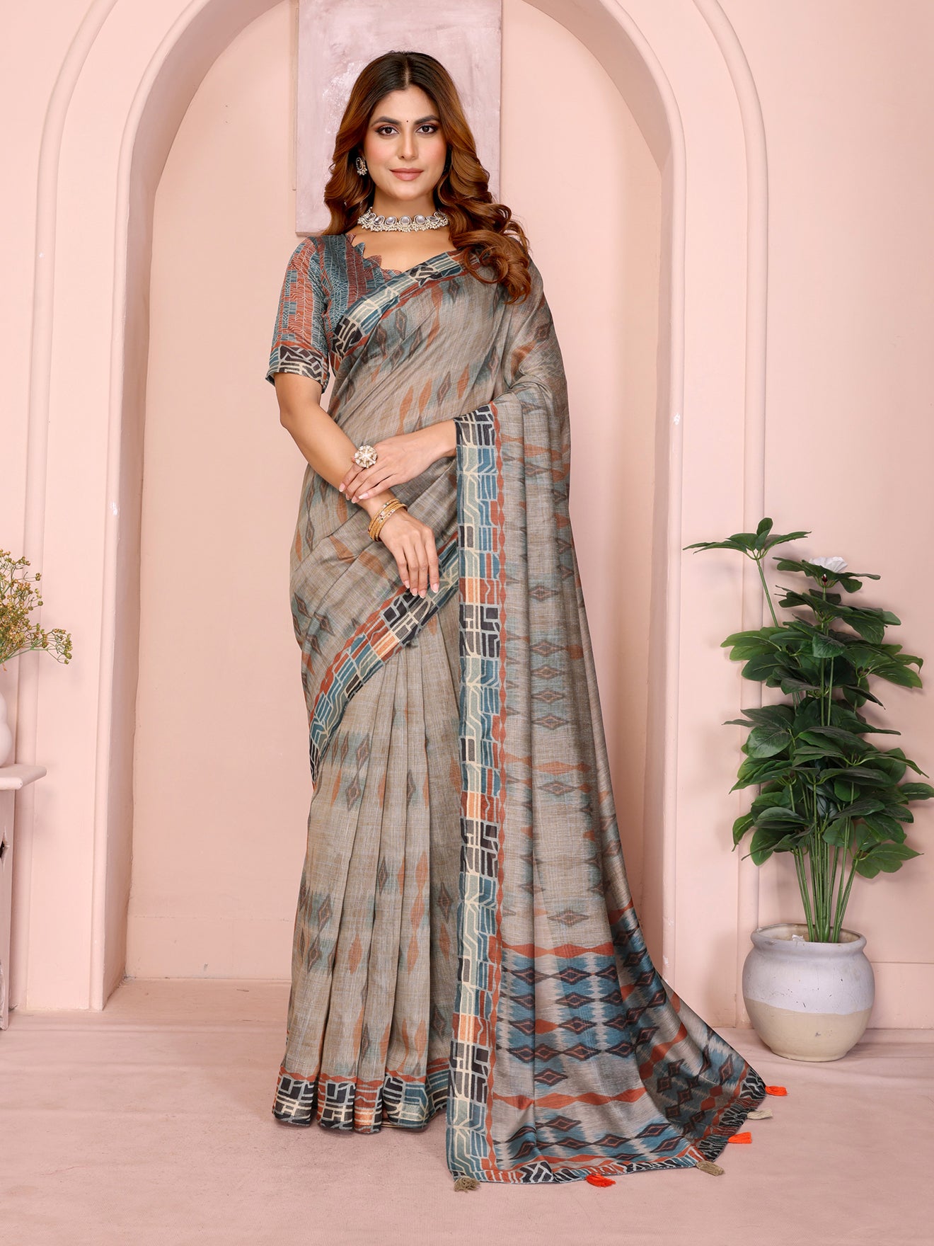 Grey & Rust Patterned Black Chanderi Saree