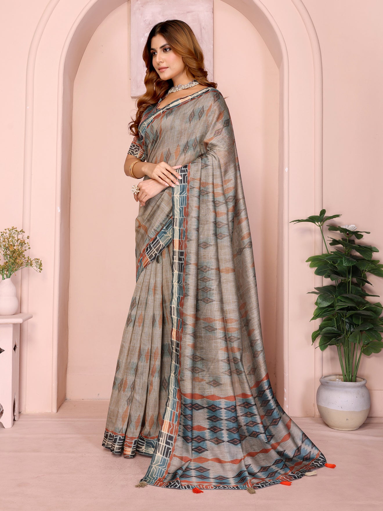 Grey & Rust Patterned Black Chanderi Saree