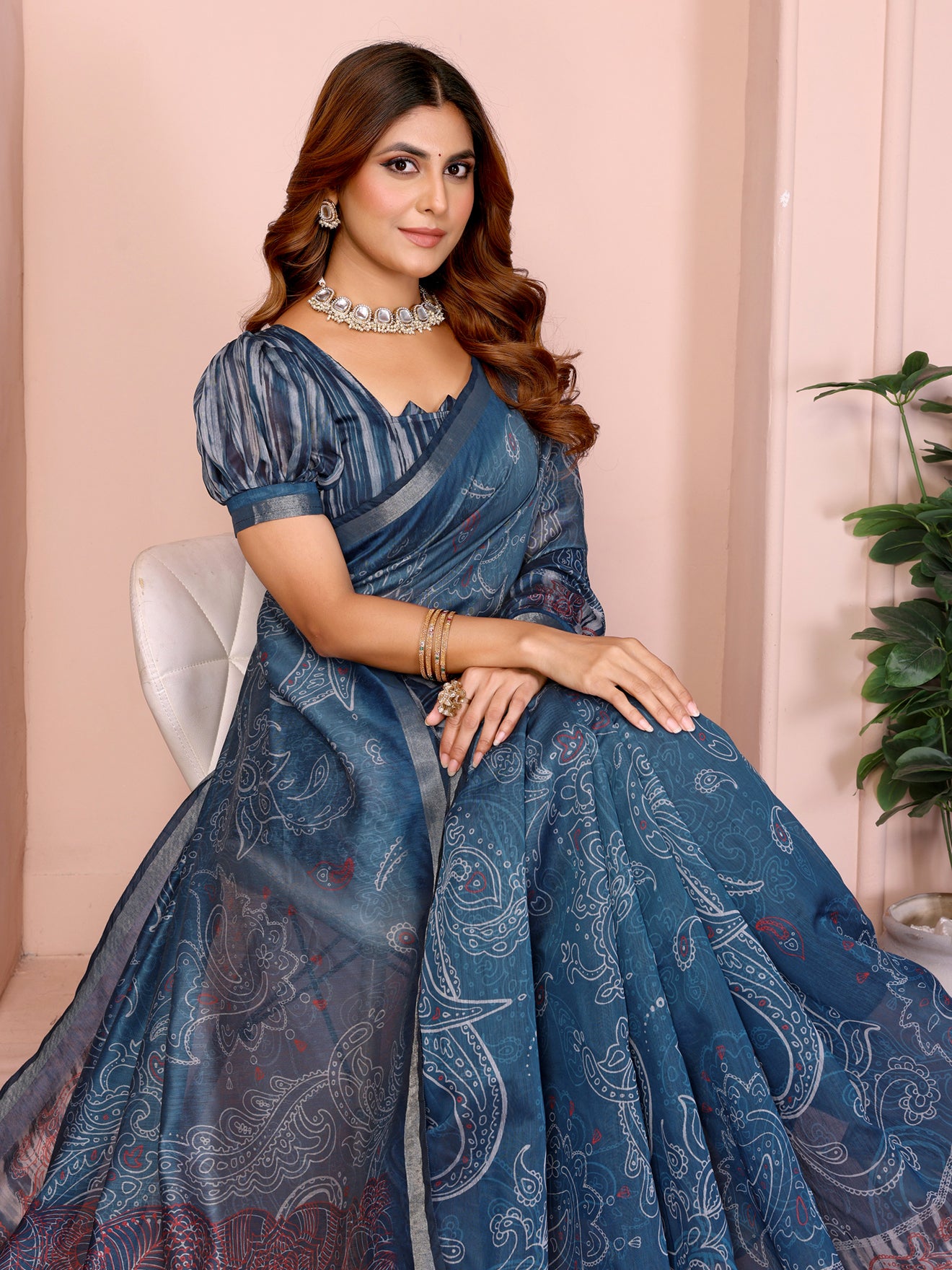 Blue Printed Black Chanderi Saree