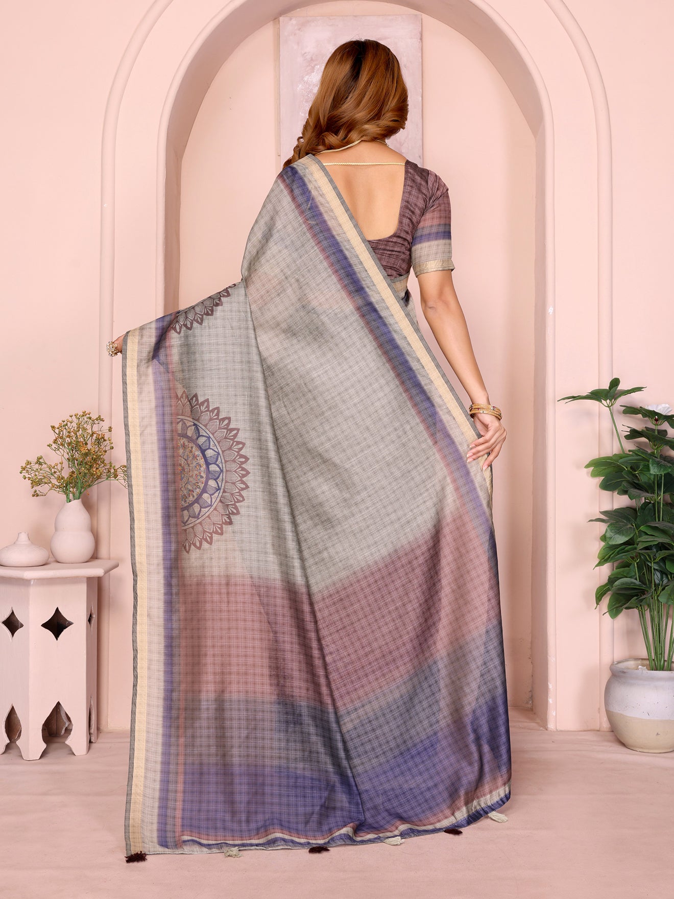 Grey Checked Black Chanderi Saree