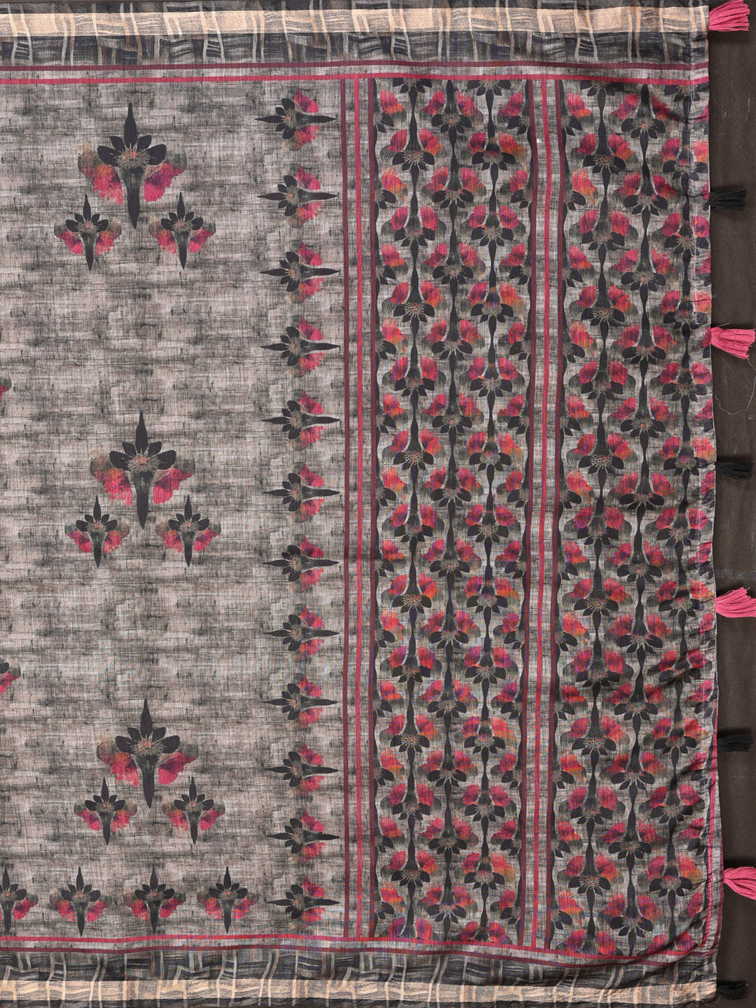 Grey & Black Floral Black Chanderi Saree