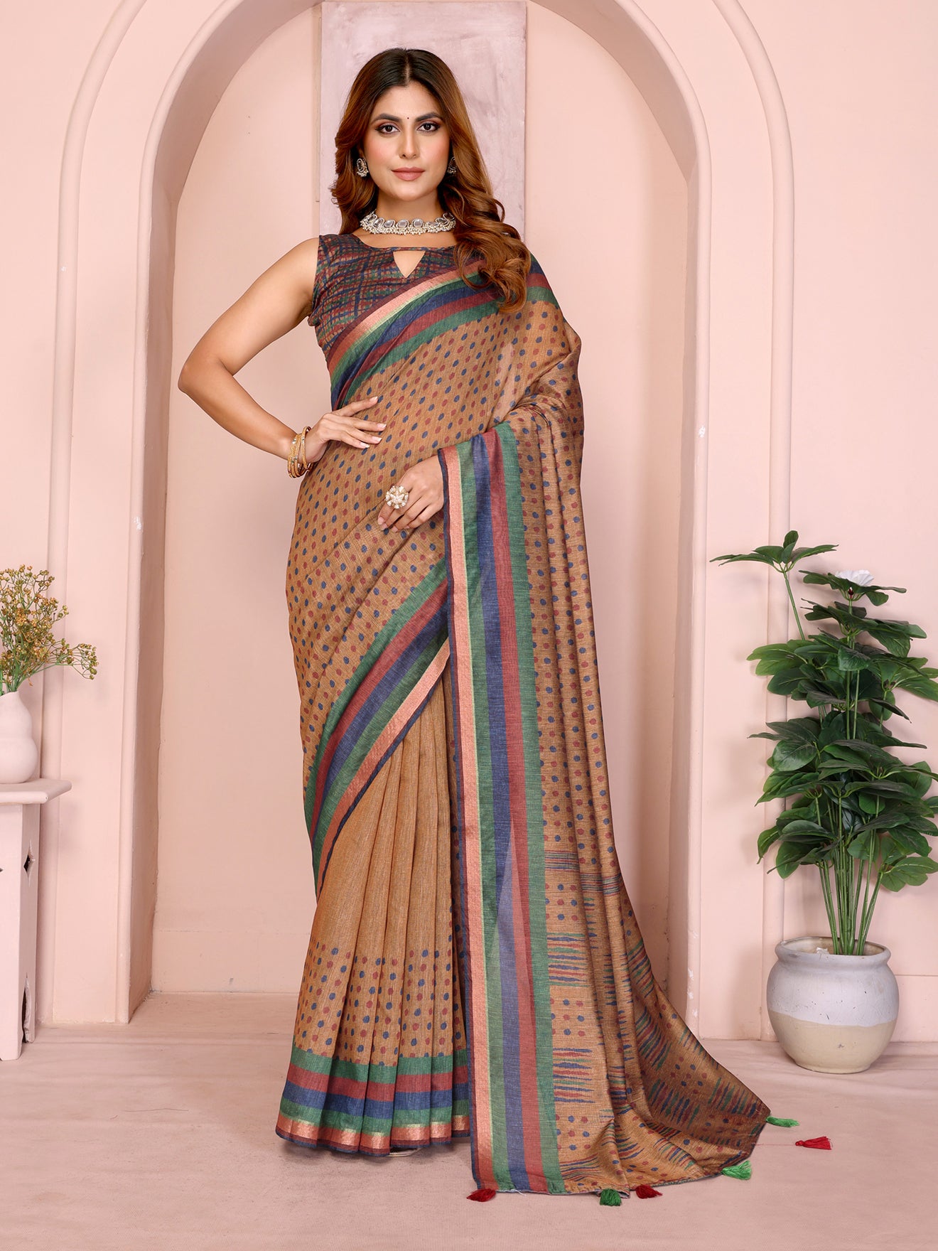 Mustard Brown Geometric Black Chanderi Saree