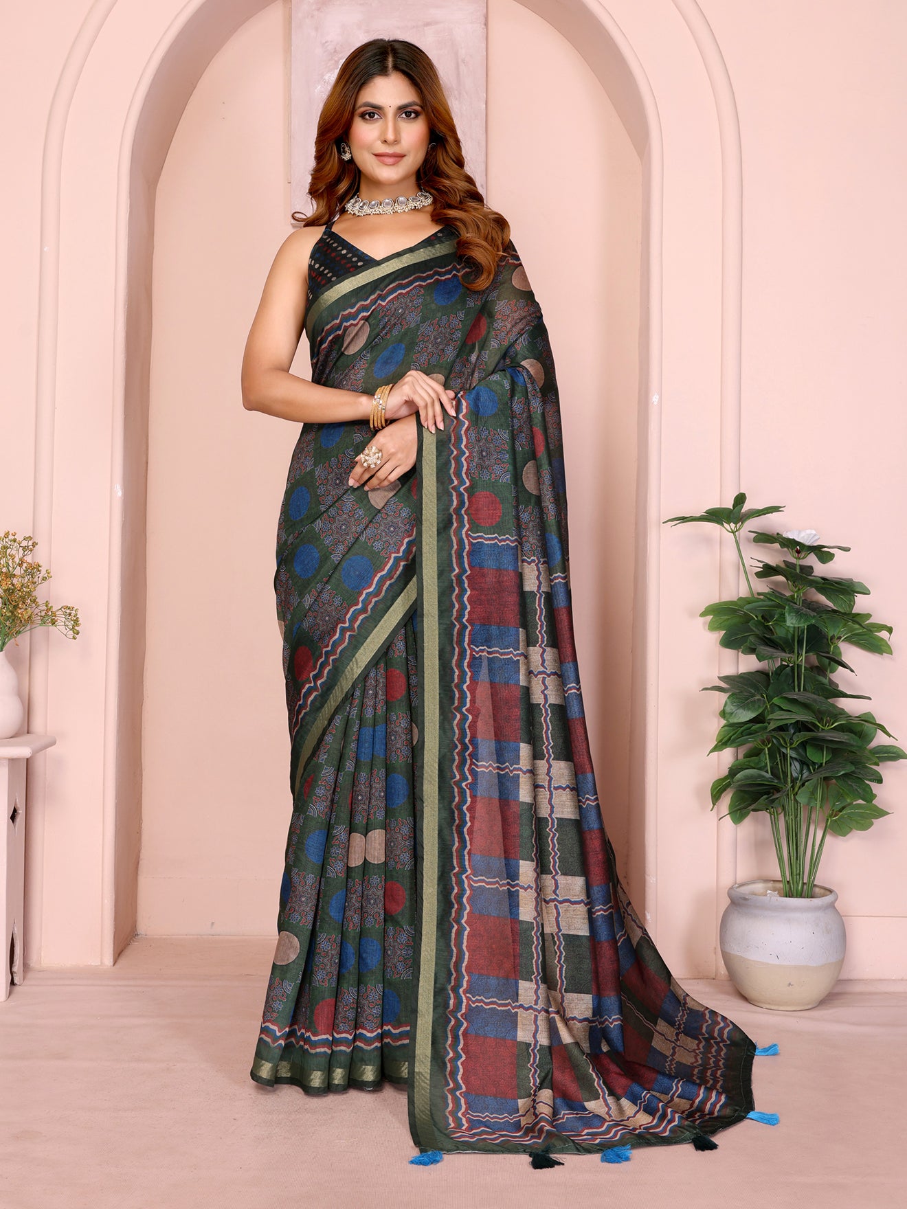 Dark Green Multicolor Checkered Black Chanderi Saree