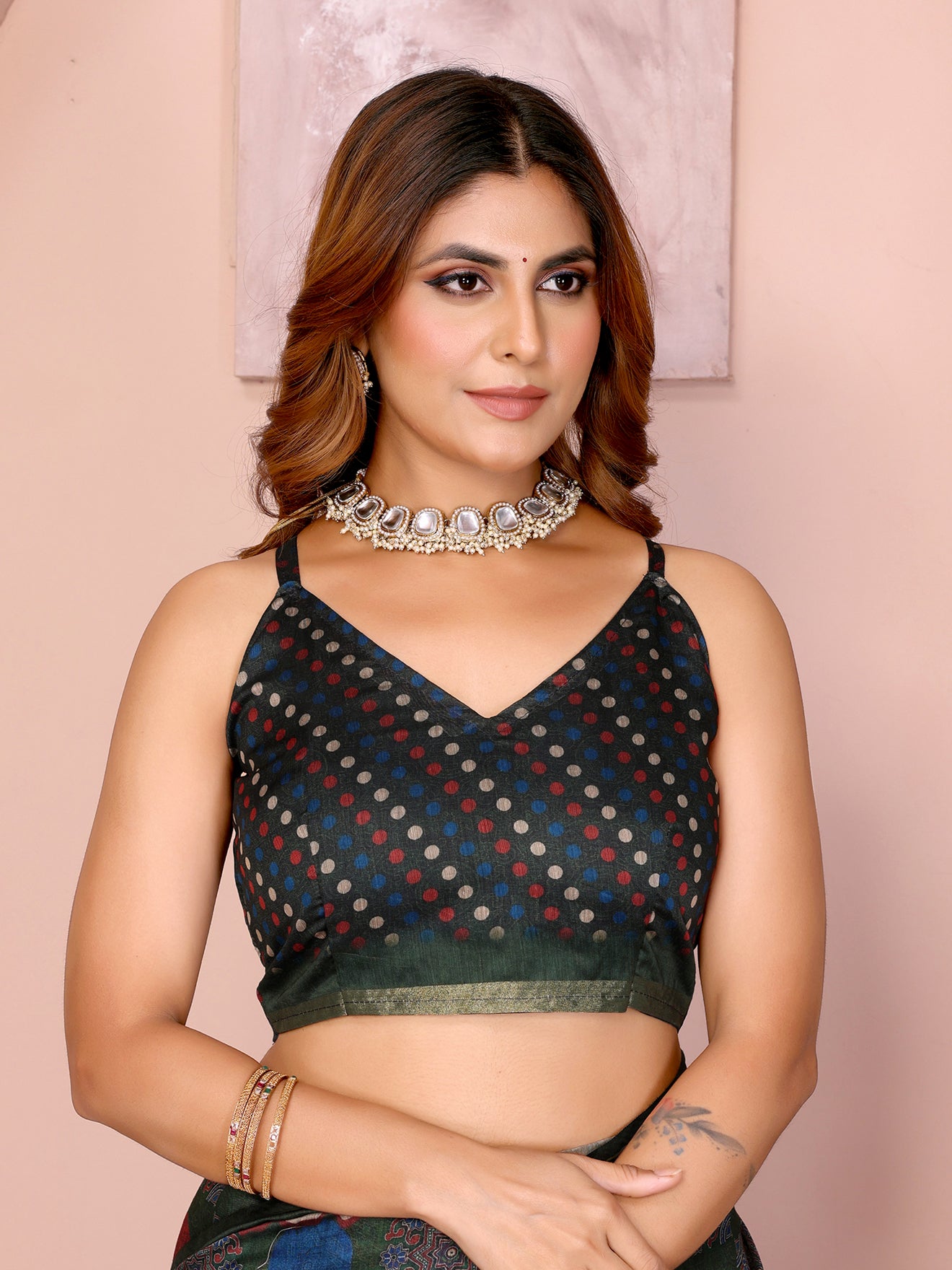 Dark Green Multicolor Checkered Black Chanderi Saree