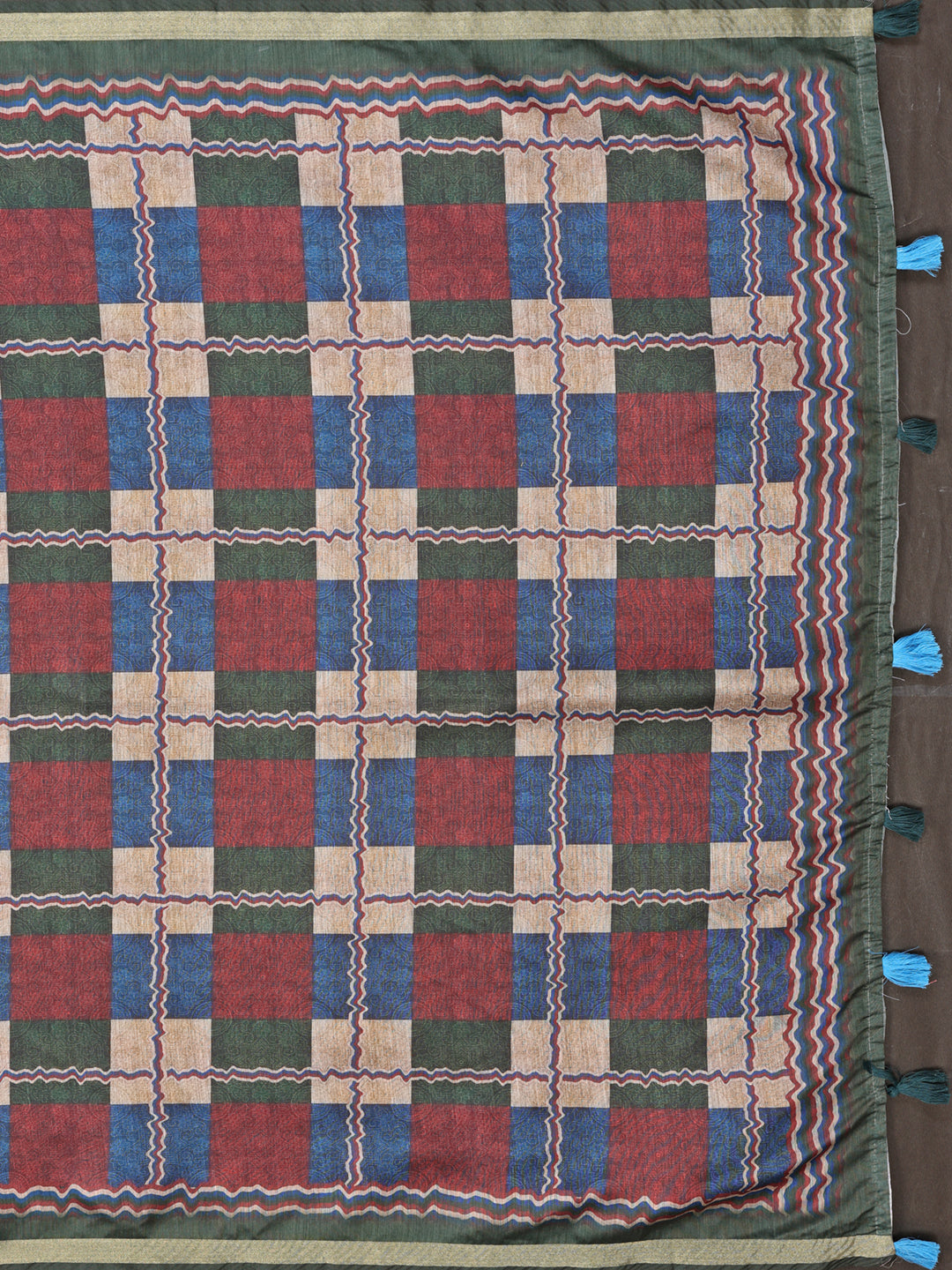 Dark Green Multicolor Checkered Black Chanderi Saree