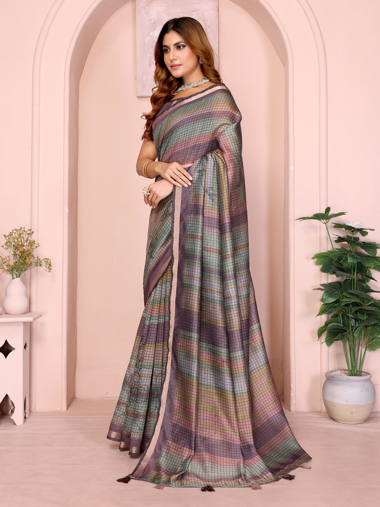 Pastel Multicolor Checked Black Chanderi Saree