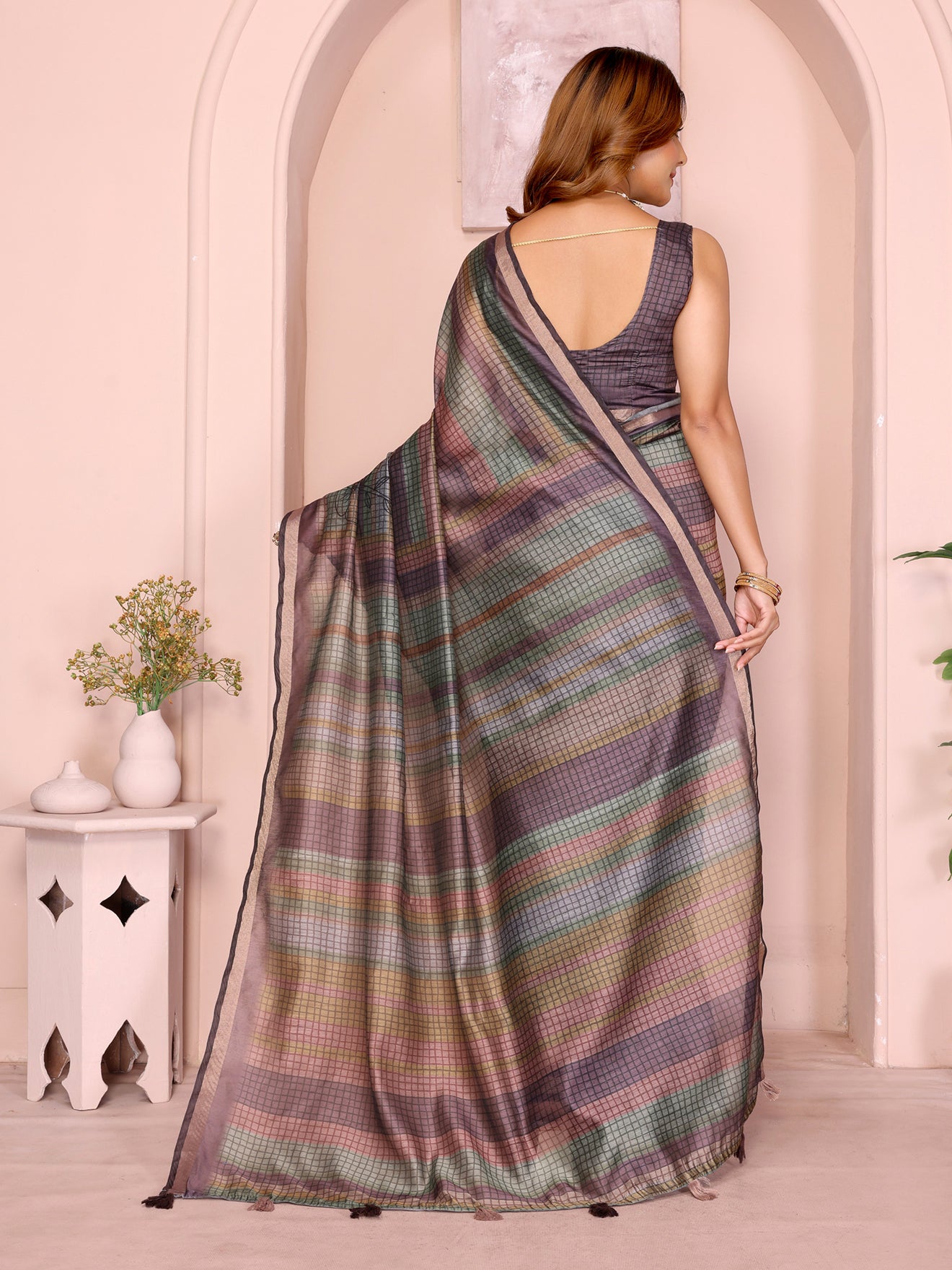 Pastel Multicolor Checked Black Chanderi Saree