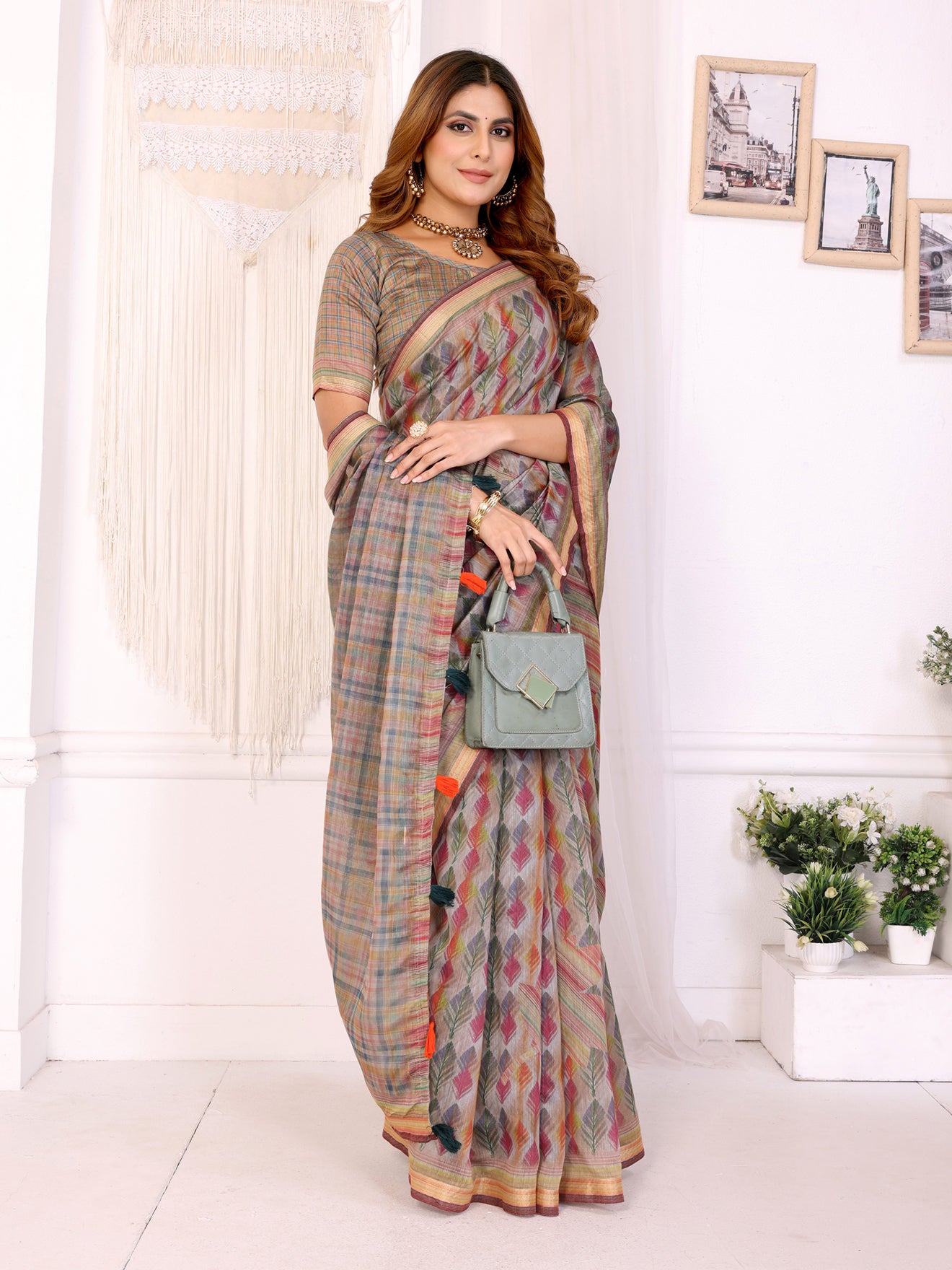 Vibrant Geometric Weaves Chanderi Saree with Contrasting Striped Border