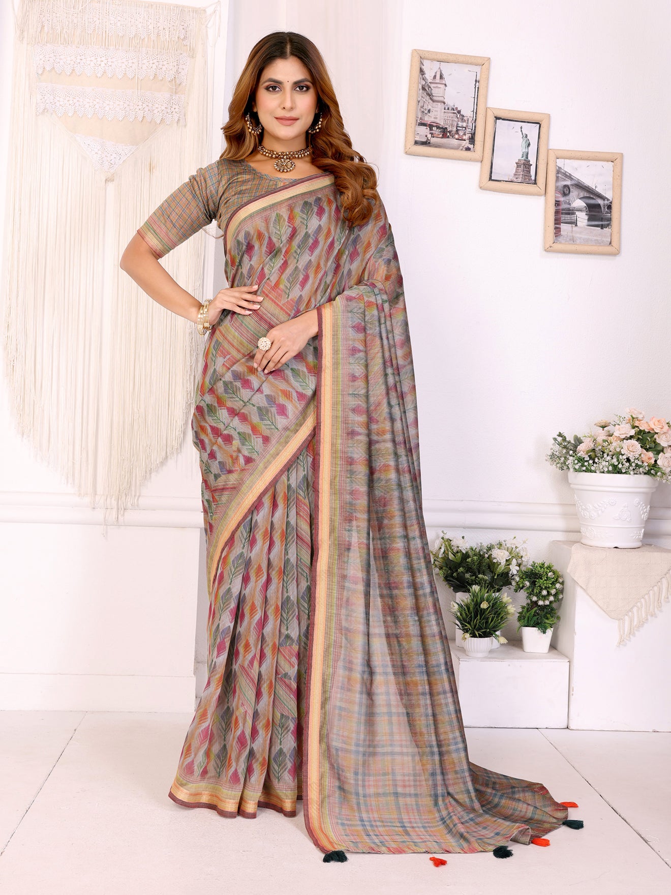 Vibrant Geometric Weaves Chanderi Saree with Contrasting Striped Border