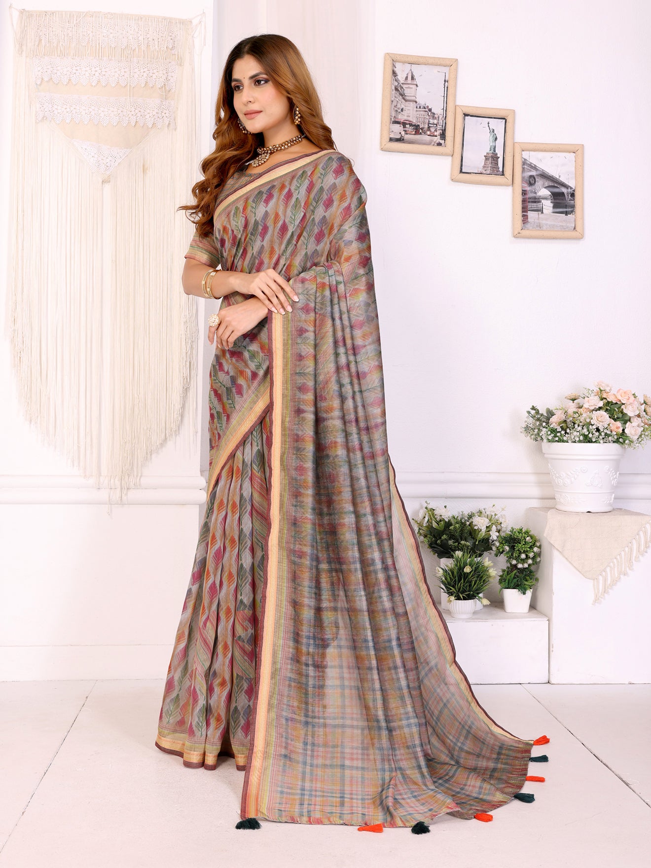 Vibrant Geometric Weaves Chanderi Saree with Contrasting Striped Border