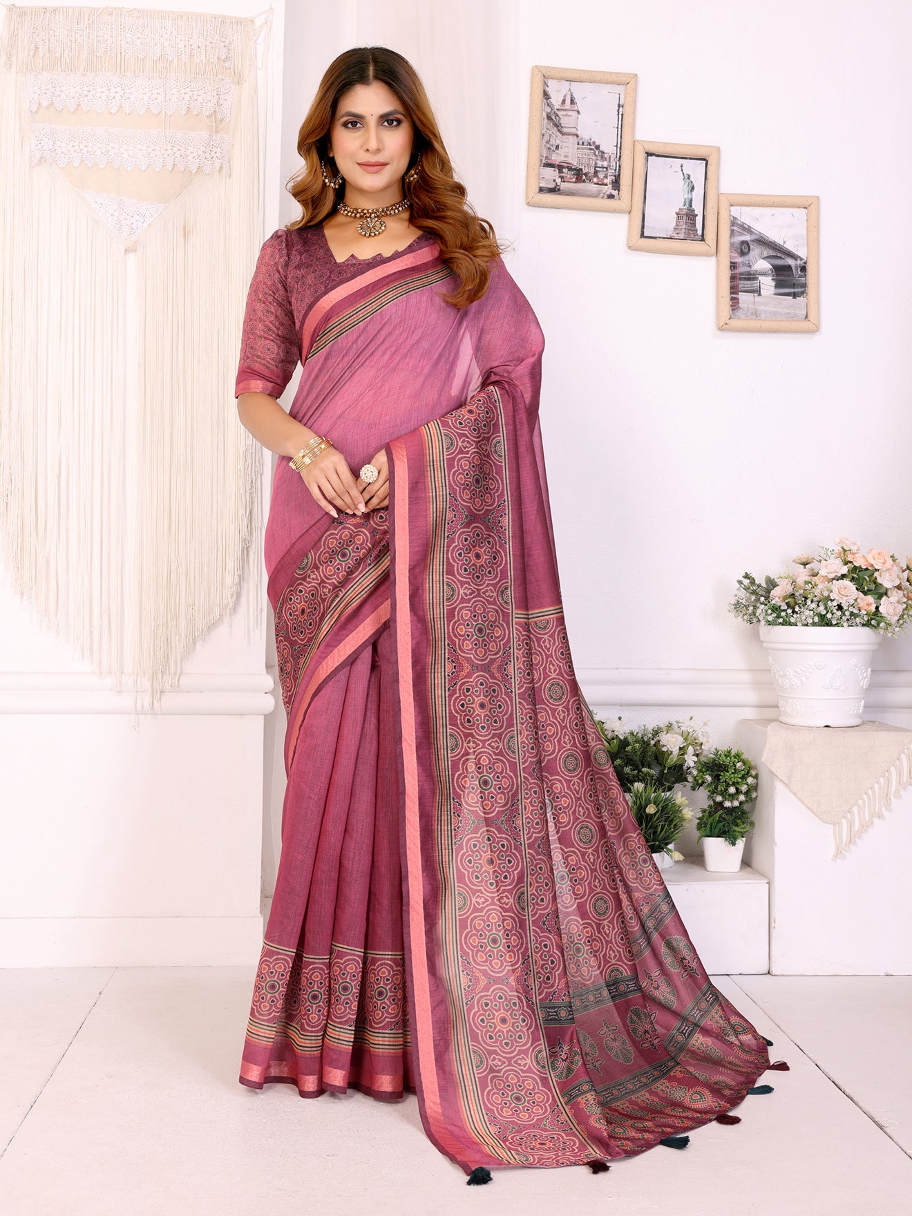 Rosewood Elegance Chanderi Saree with Ethnic Motif Border