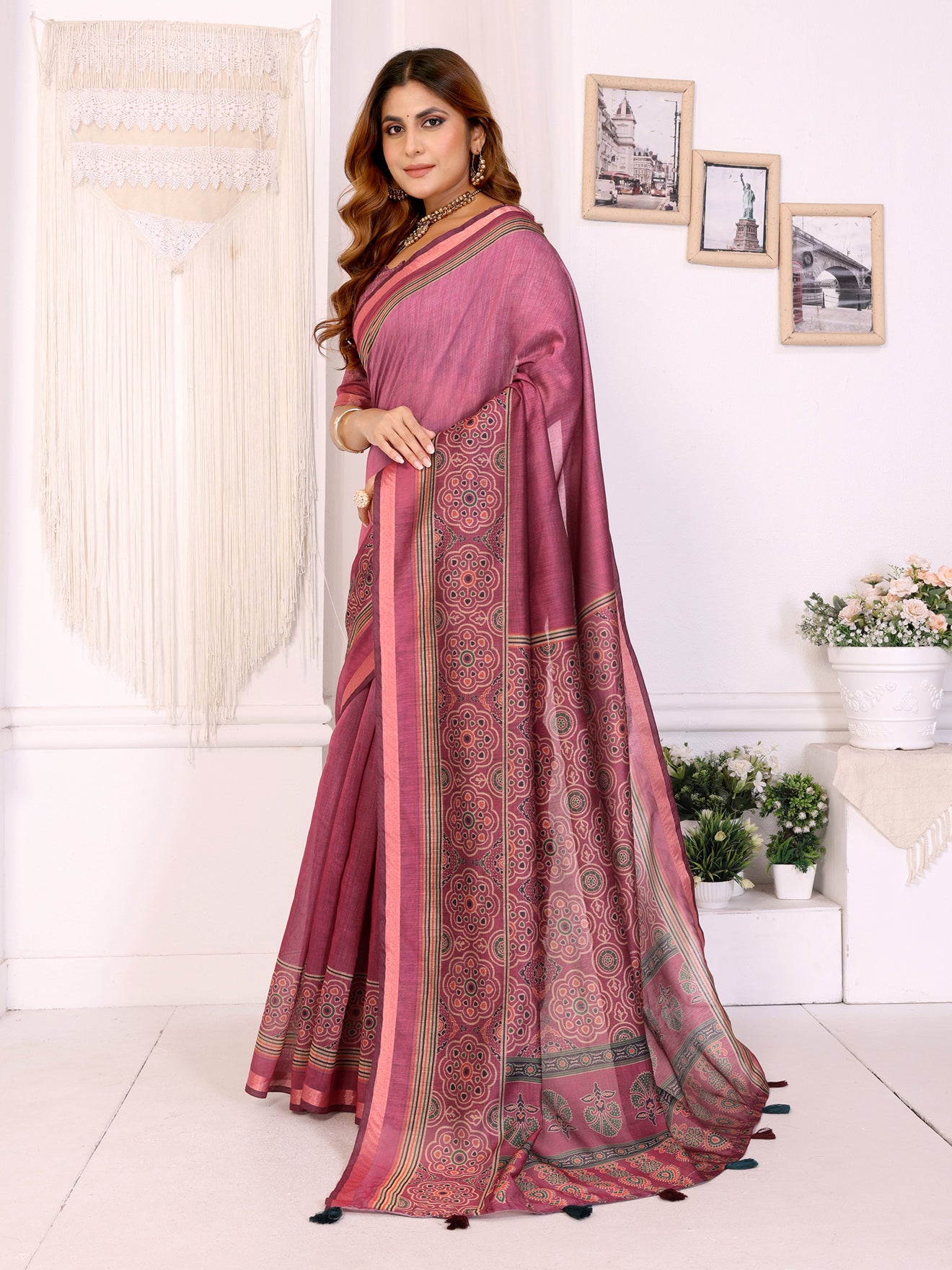 Rosewood Elegance Chanderi Saree with Ethnic Motif Border
