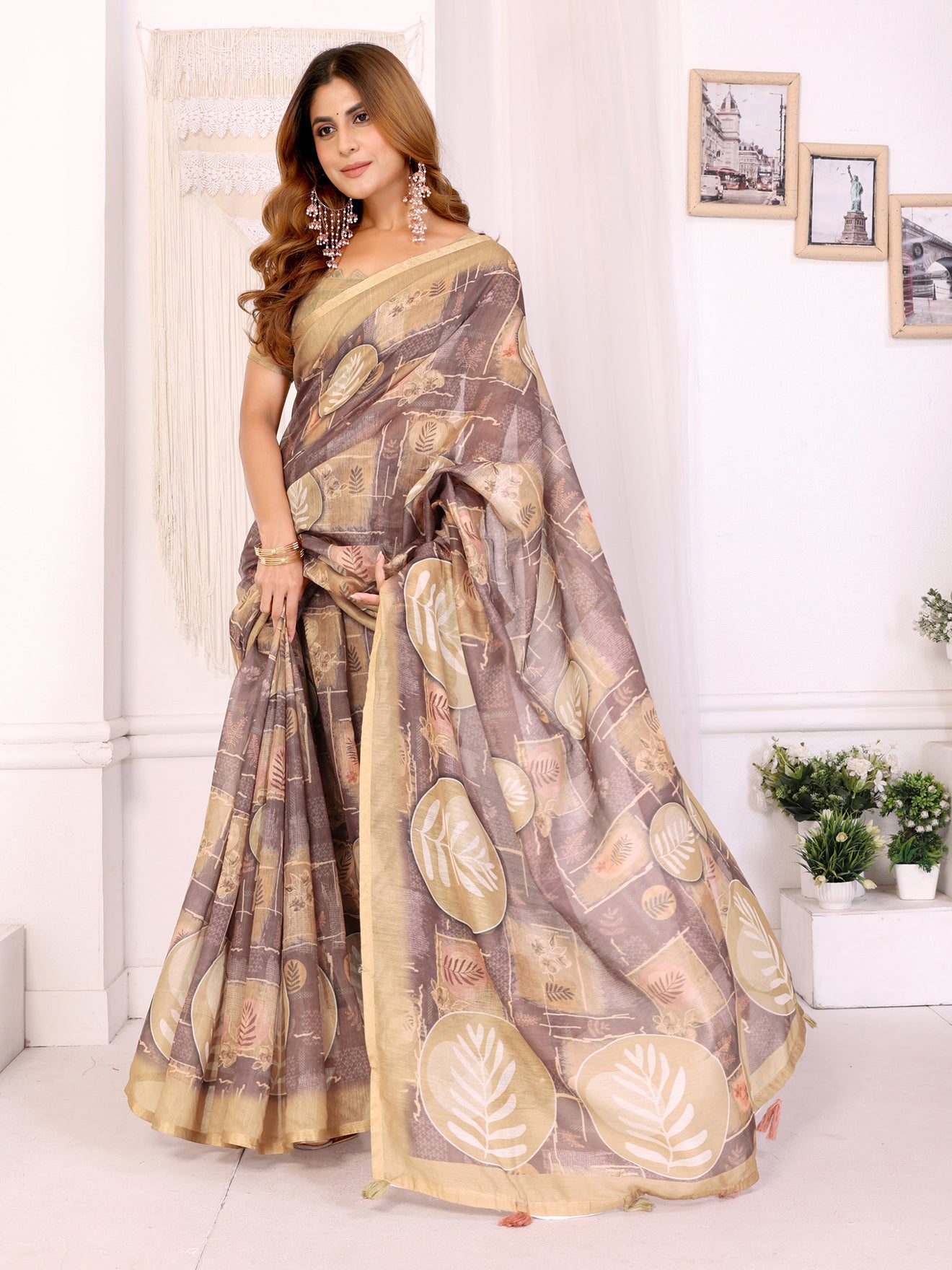 Elegant White Chanderi Saree with Digital Leaf Print  | Cream & Beige Shades | Lightweight Designer Saree with Matching Blouse Piece – 5.5 Meters