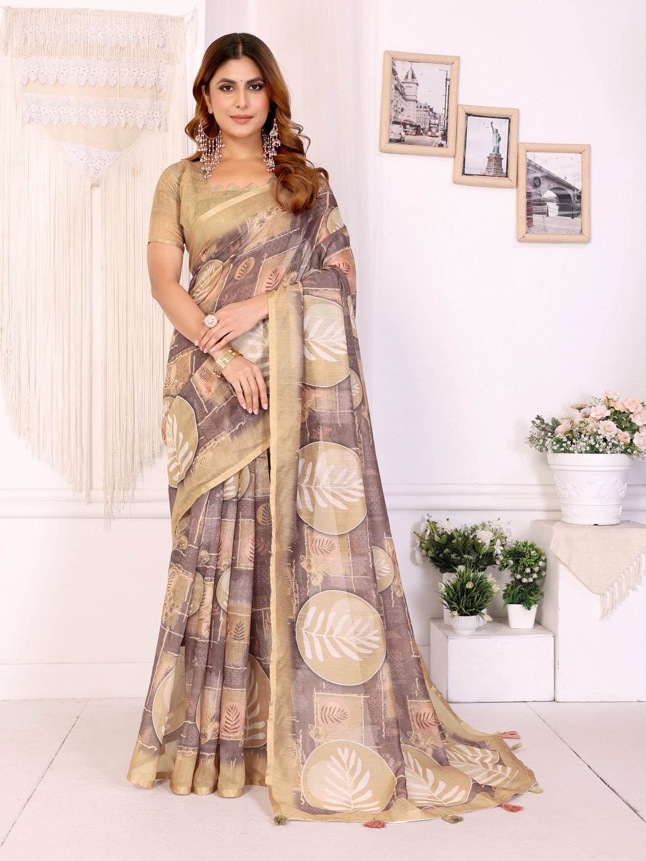 Elegant White Chanderi Saree with Digital Leaf Print  | Cream & Beige Shades | Lightweight Designer Saree with Matching Blouse Piece – 5.5 Meters