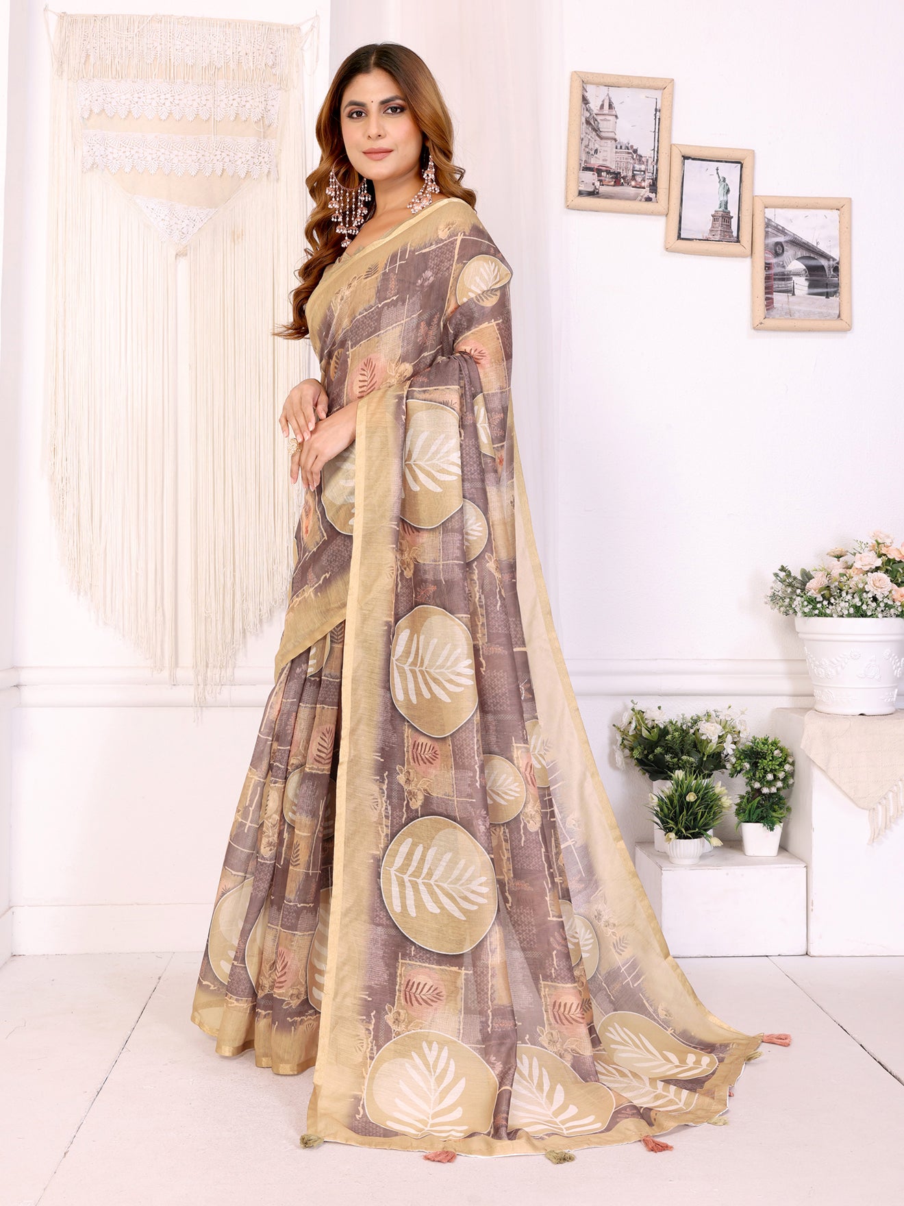 Elegant White Chanderi Saree with Digital Leaf Print  | Cream & Beige Shades | Lightweight Designer Saree with Matching Blouse Piece – 5.5 Meters