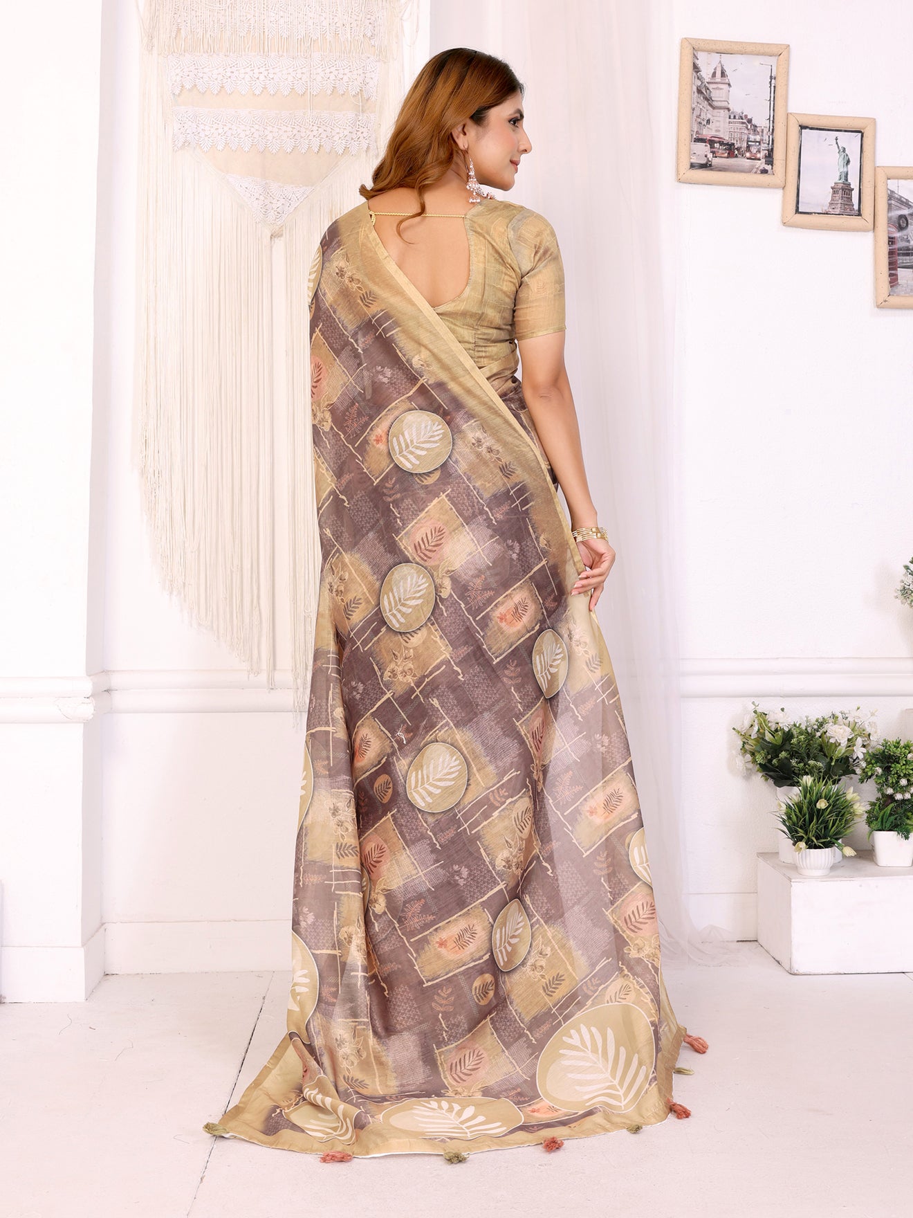 Elegant White Chanderi Saree with Digital Leaf Print  | Cream & Beige Shades | Lightweight Designer Saree with Matching Blouse Piece – 5.5 Meters
