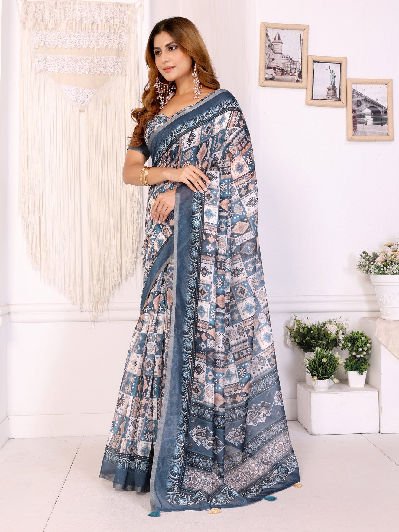 Stylish White Chanderi Saree with Digital Geometric Print  Grey & Sky Blue Accents 🌥 | Lightweight Designer Saree with Matching Blouse Piece  – 5.5 Meters