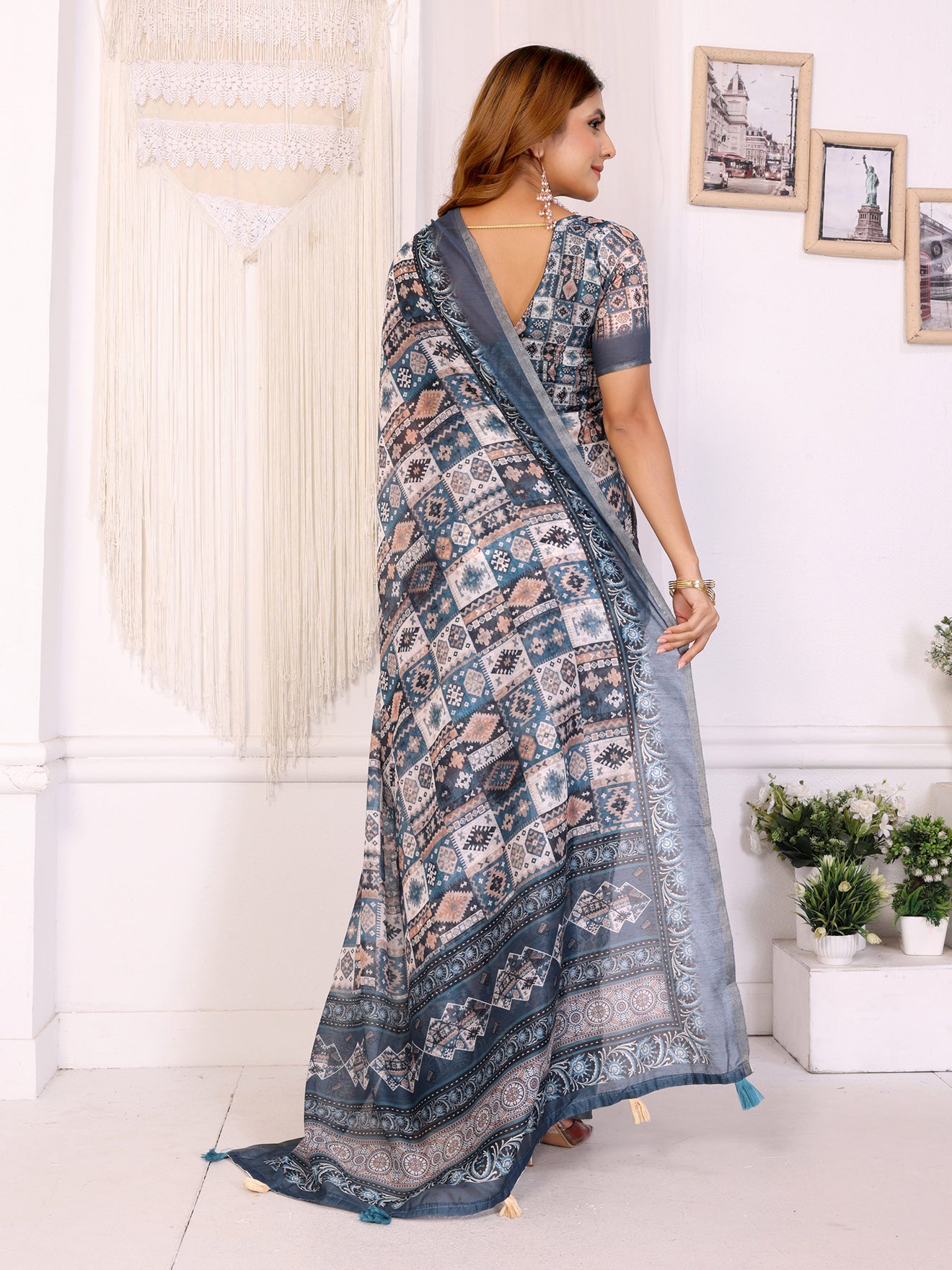 Stylish White Chanderi Saree with Digital Geometric Print  Grey & Sky Blue Accents 🌥 | Lightweight Designer Saree with Matching Blouse Piece  – 5.5 Meters