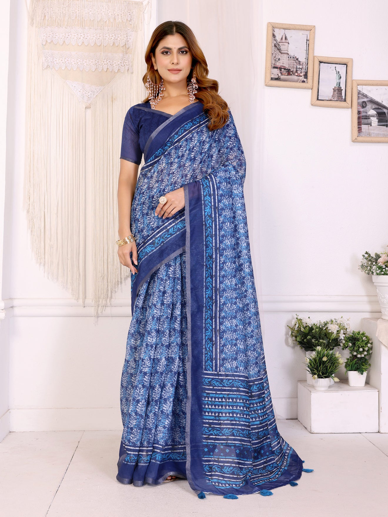 Elegant White Chanderi Saree with Digital Floral Print  | Royal & Navy Blue Accents | Lightweight Designer Saree with Matching Blouse Piece – 5.5 Meters
