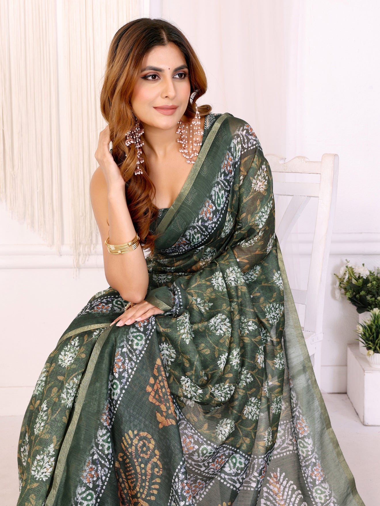 Elegant Deep Olive Green Chanderi Saree with Digital Floral Print | Soft Pastel Multicolor Accents  | Lightweight Designer Saree with Matching Blouse Piece – 5.5 Meters
