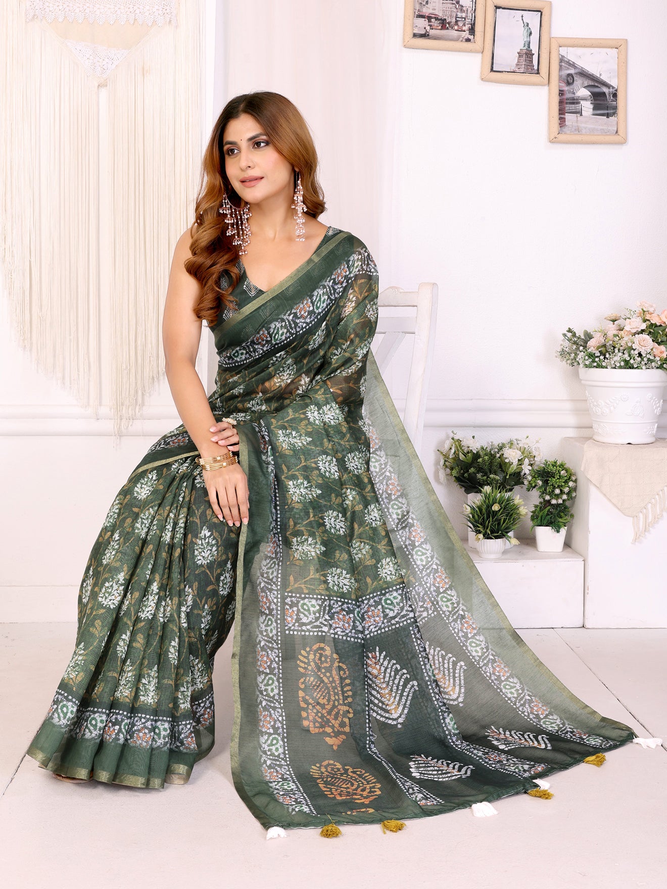 Elegant Deep Olive Green Chanderi Saree with Digital Floral Print | Soft Pastel Multicolor Accents  | Lightweight Designer Saree with Matching Blouse Piece – 5.5 Meters