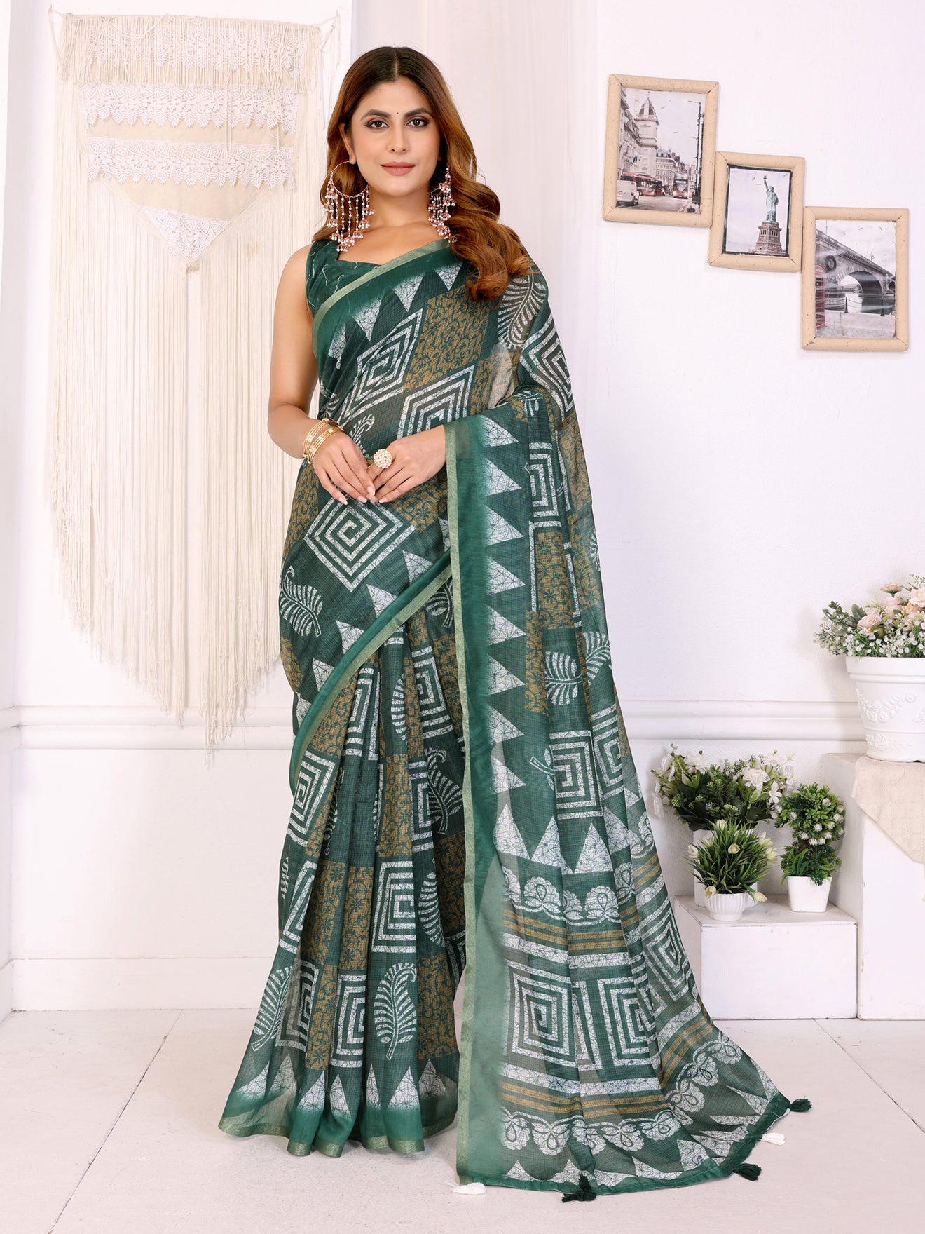 Stylish Bottle Green Chanderi Saree with Bold Geometric Digital Print | White & Mustard Accents  | Lightweight Designer Saree with Matching Blouse Piece 👚 – 5.5 Meters