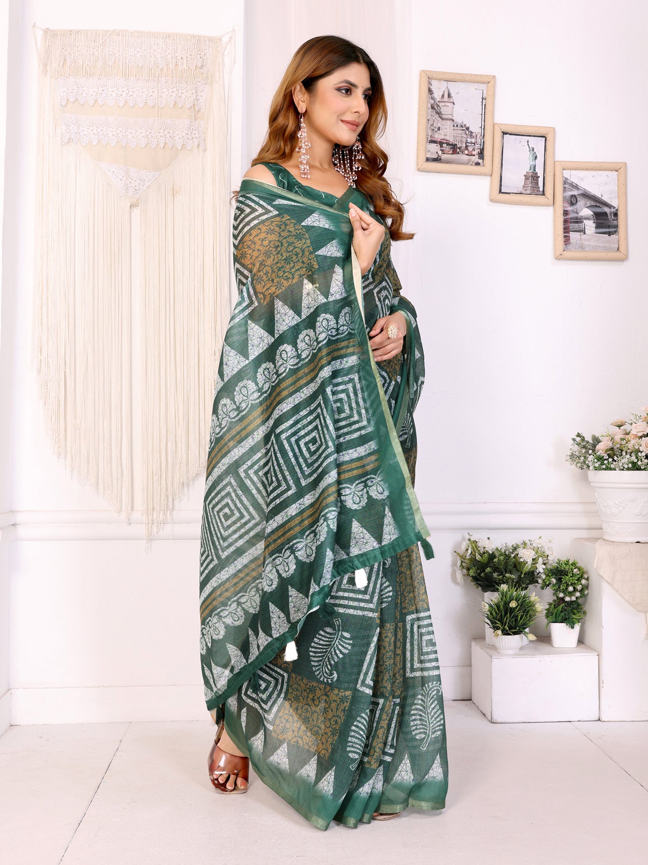 Stylish Bottle Green Chanderi Saree with Bold Geometric Digital Print | White & Mustard Accents  | Lightweight Designer Saree with Matching Blouse Piece 👚 – 5.5 Meters