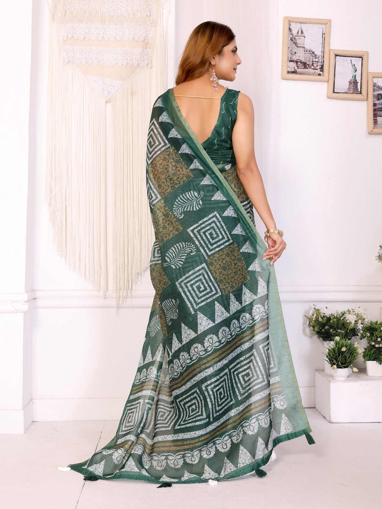 Stylish Bottle Green Chanderi Saree with Bold Geometric Digital Print | White & Mustard Accents  | Lightweight Designer Saree with Matching Blouse Piece 👚 – 5.5 Meters