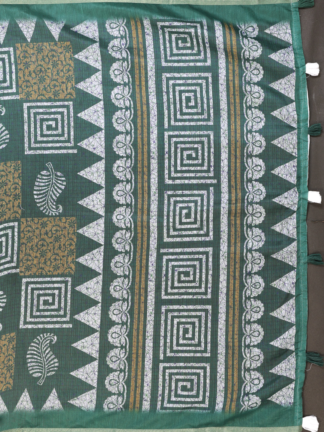 Stylish Bottle Green Chanderi Saree with Bold Geometric Digital Print | White & Mustard Accents  | Lightweight Designer Saree with Matching Blouse Piece 👚 – 5.5 Meters