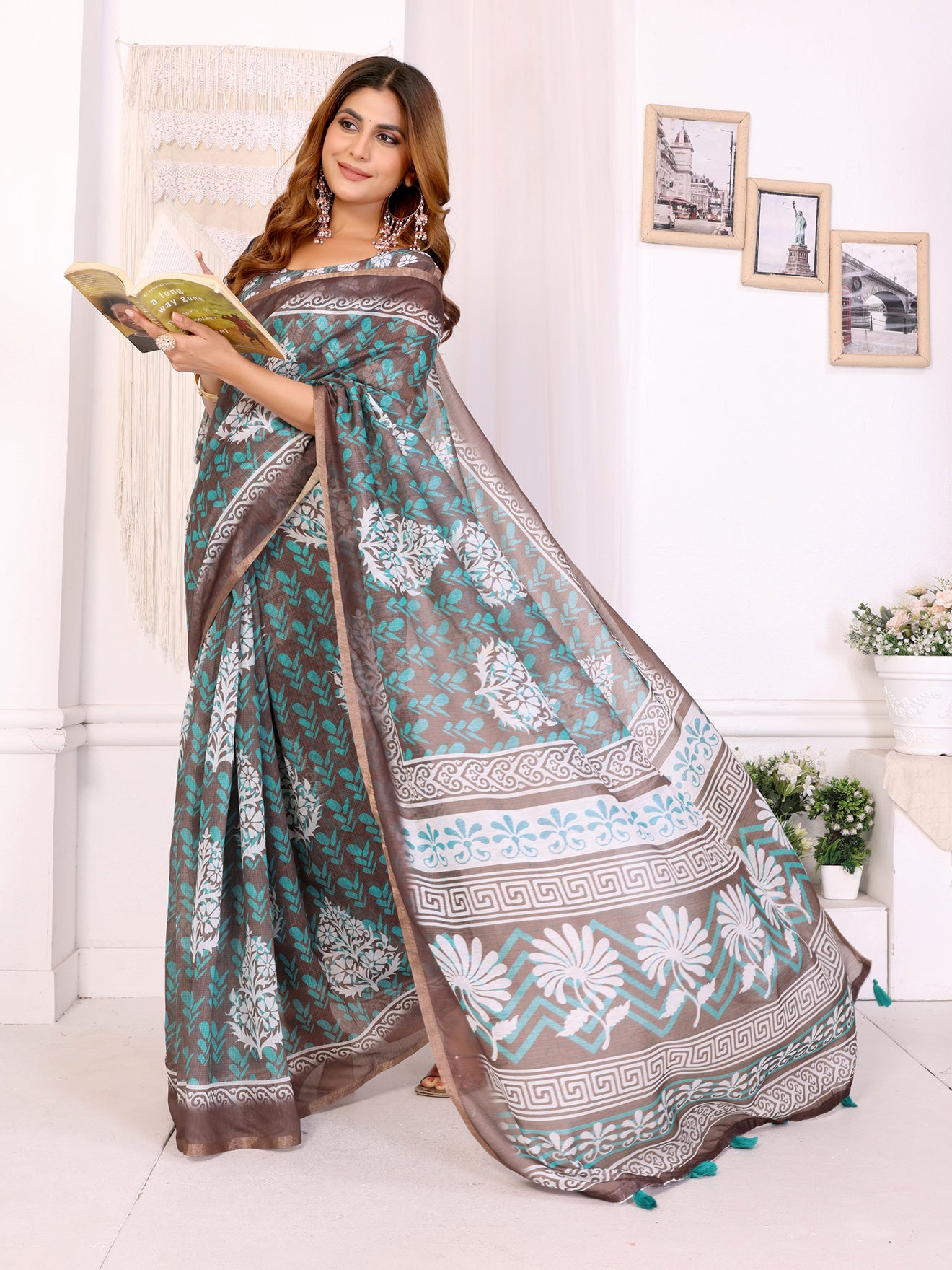 Elegant Brown Chanderi Saree with Floral & Geometric Digital Print  | Turquoise & White Accents | Lightweight Designer Saree with Matching Blouse Piece – 5.5 Meters