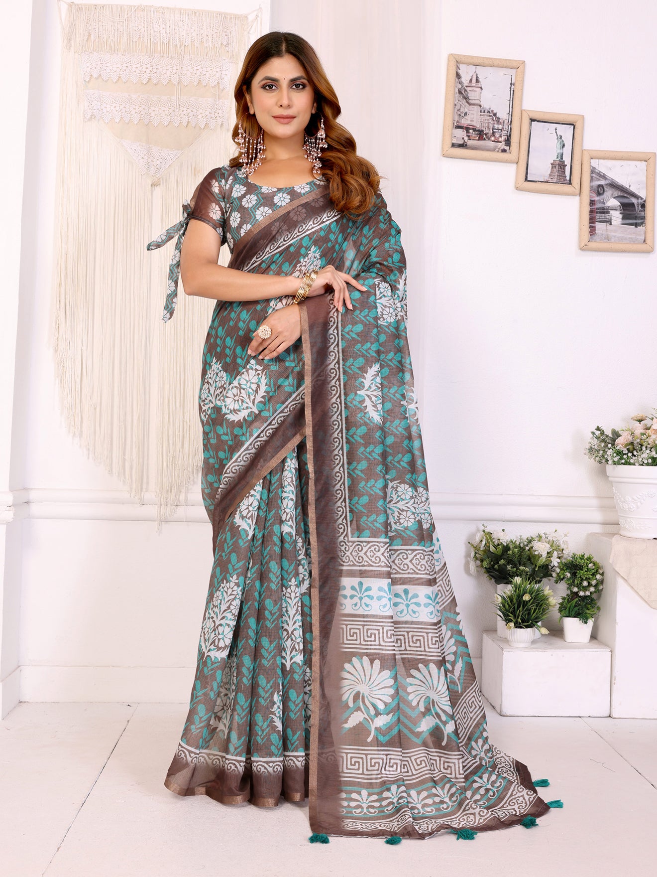 Elegant Brown Chanderi Saree with Floral & Geometric Digital Print  | Turquoise & White Accents | Lightweight Designer Saree with Matching Blouse Piece – 5.5 Meters