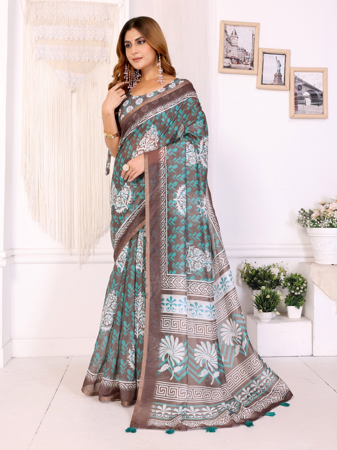 Elegant Brown Chanderi Saree with Floral & Geometric Digital Print  | Turquoise & White Accents | Lightweight Designer Saree with Matching Blouse Piece – 5.5 Meters