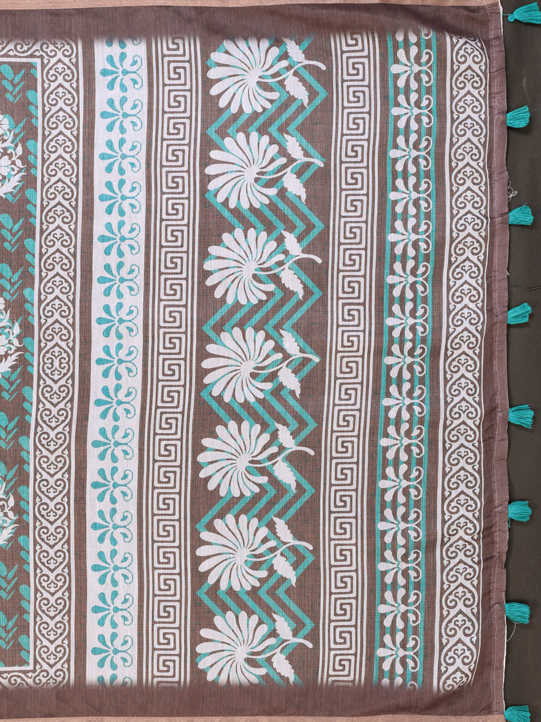 Elegant Brown Chanderi Saree with Floral & Geometric Digital Print  | Turquoise & White Accents | Lightweight Designer Saree with Matching Blouse Piece – 5.5 Meters