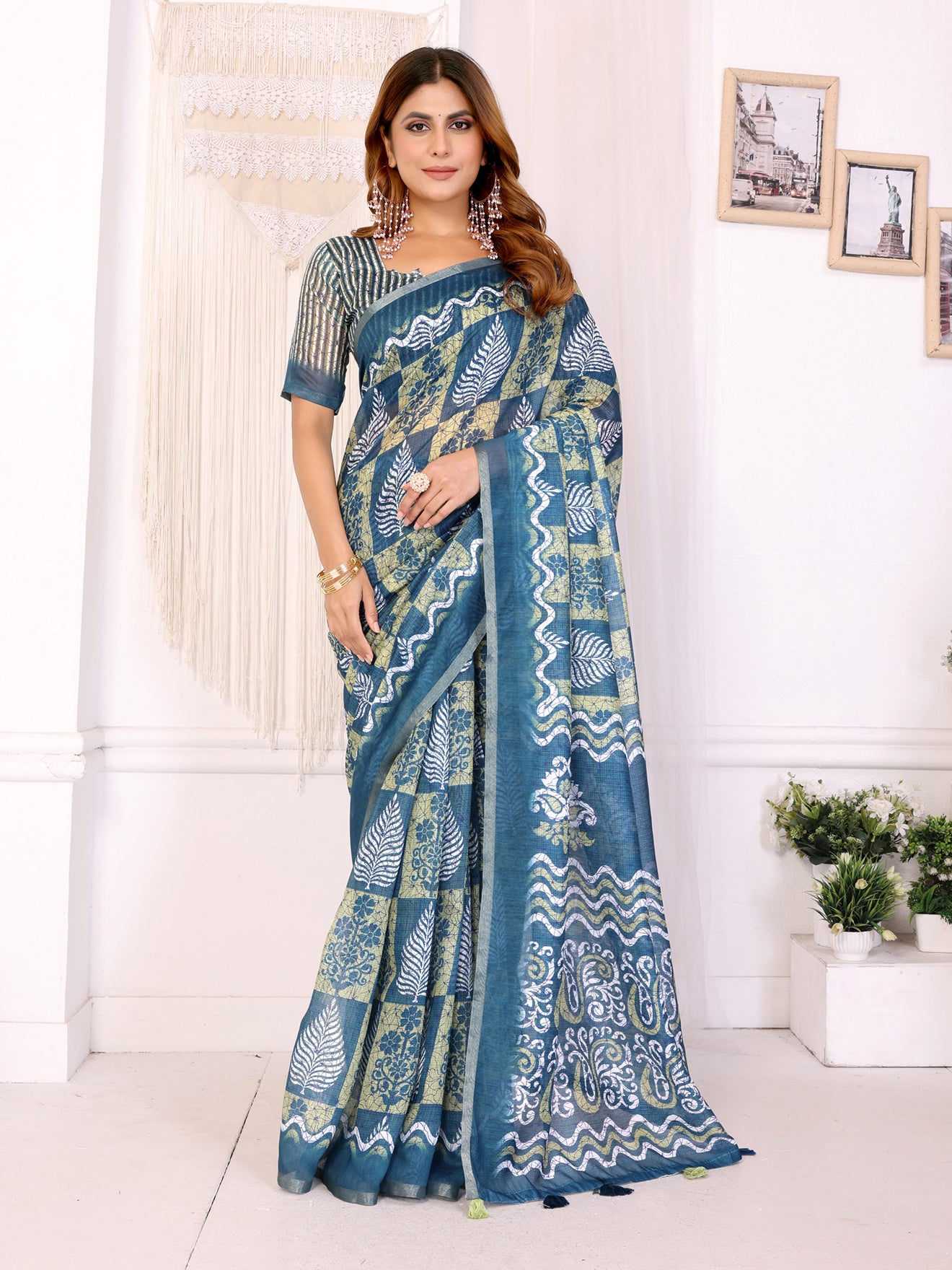 Stylish Blue Chanderi Saree with Leaf & Abstract Digital Print | Elegant Artistic Pallu | Lightweight Designer Saree with Matching Blouse Piece – 5.5 Meters