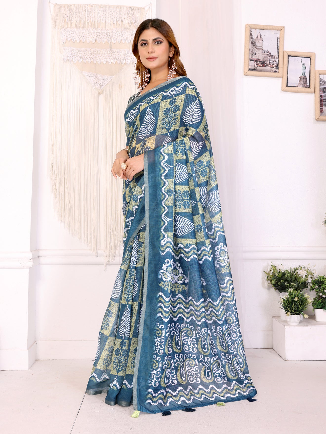 Stylish Blue Chanderi Saree with Leaf & Abstract Digital Print | Elegant Artistic Pallu | Lightweight Designer Saree with Matching Blouse Piece – 5.5 Meters