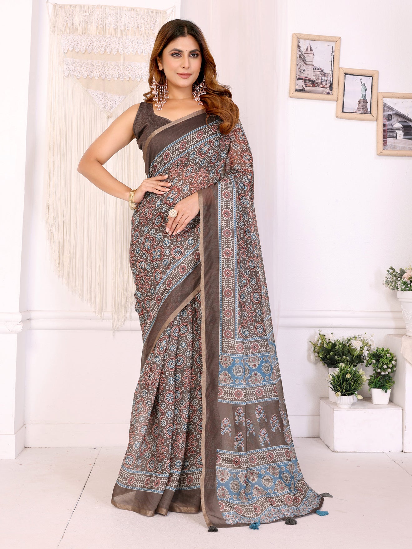 Elegant Brown Chanderi Saree with Ethnic Floral Print  | Blue & Maroon Accents with Block-Inspired Pallu | Lightweight Designer Saree with Matching Blouse Piece – 5.5 Meters