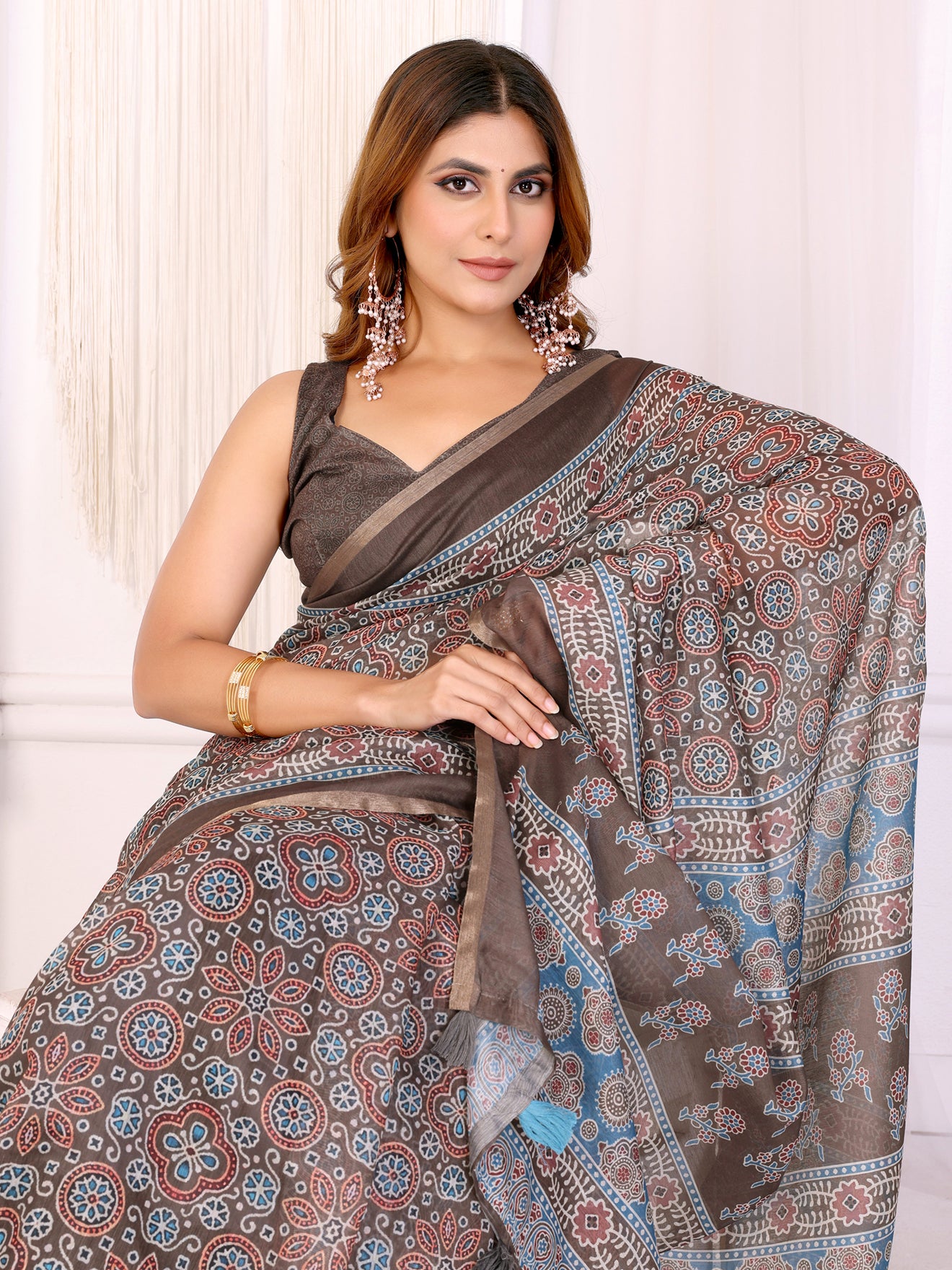 Elegant Brown Chanderi Saree with Ethnic Floral Print  | Blue & Maroon Accents with Block-Inspired Pallu | Lightweight Designer Saree with Matching Blouse Piece – 5.5 Meters