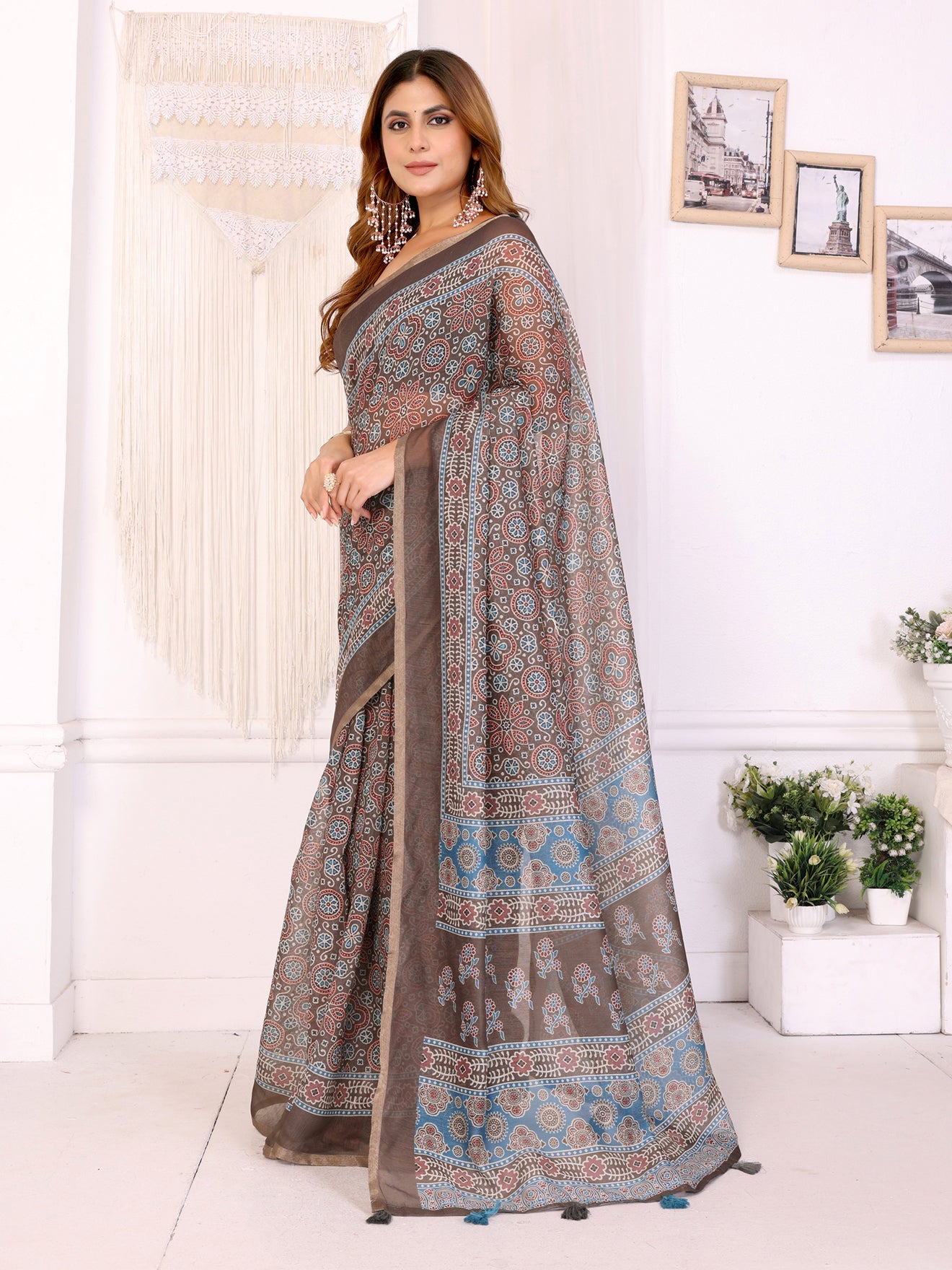 Elegant Brown Chanderi Saree with Ethnic Floral Print  | Blue & Maroon Accents with Block-Inspired Pallu | Lightweight Designer Saree with Matching Blouse Piece – 5.5 Meters