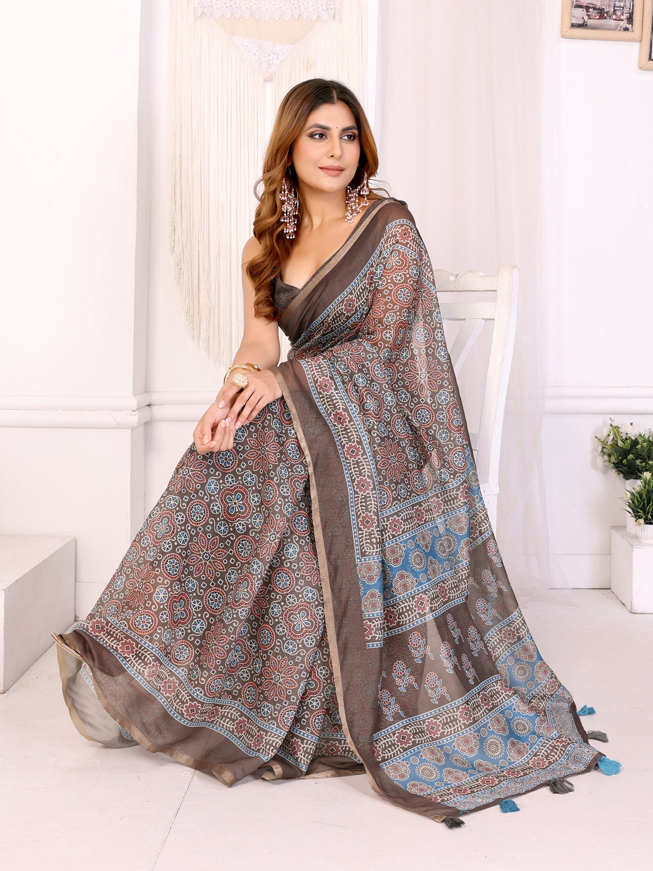 Elegant Brown Chanderi Saree with Ethnic Floral Print  | Blue & Maroon Accents with Block-Inspired Pallu | Lightweight Designer Saree with Matching Blouse Piece – 5.5 Meters